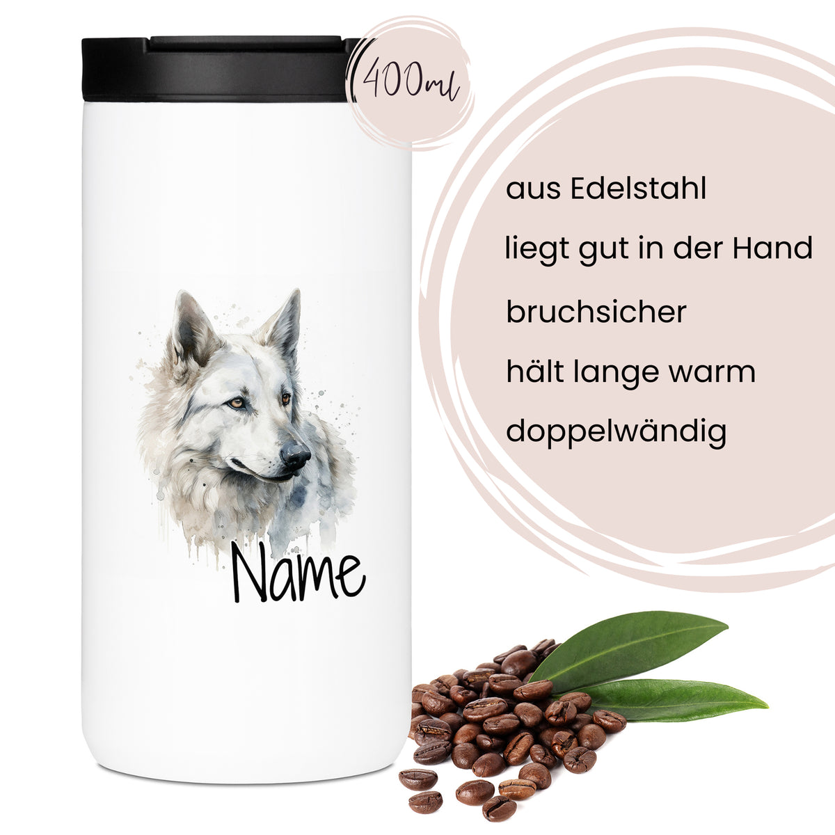 Edelstahlbecher mit Wolf-Motiv, 400 ml, bruchsicher, doppelwandig.