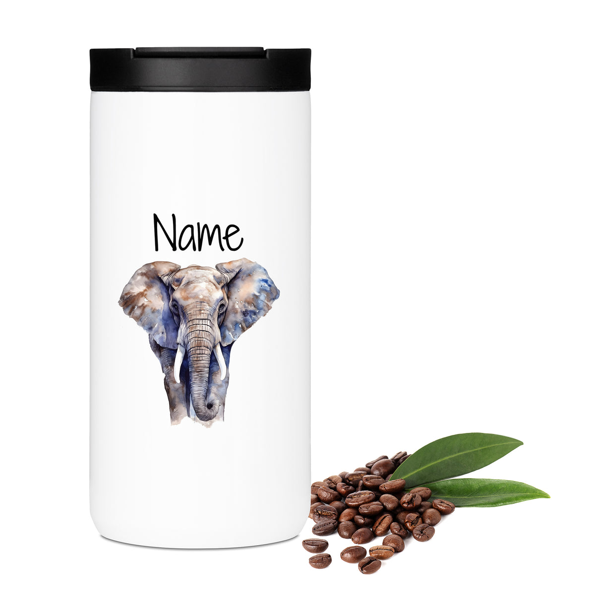Weißer Becher mit Elefantenmotiv und personalisierbarem Namen.