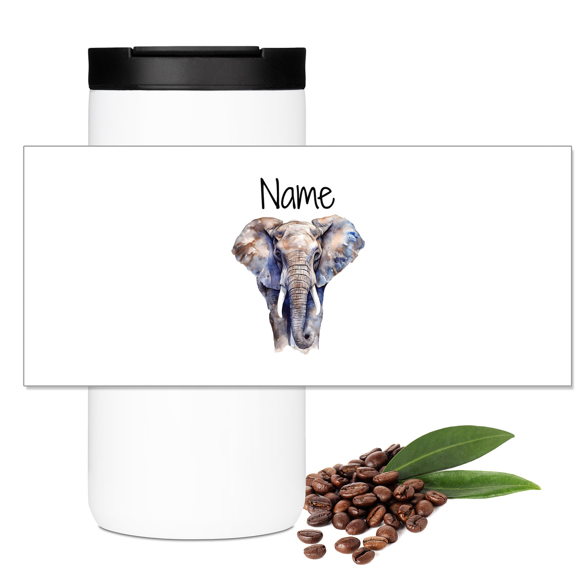 Weißer Becher mit Elefantenmotiv und personalisierbarem Namen.