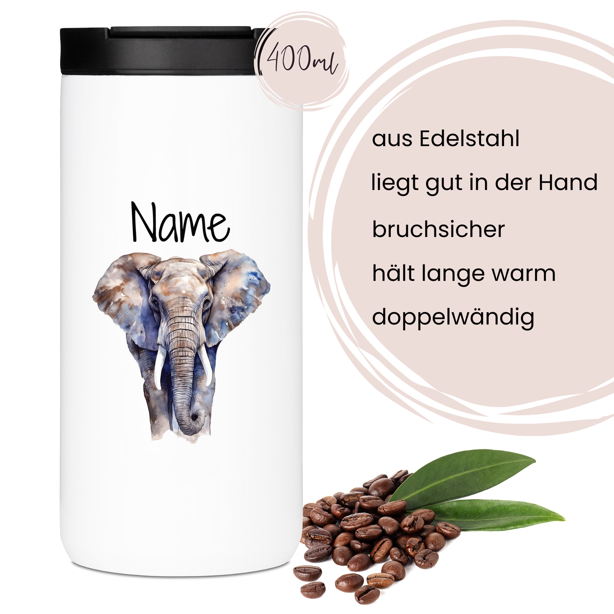 Edelstahlbecher mit Elefantenmotiv, 400ml, doppelwandig.