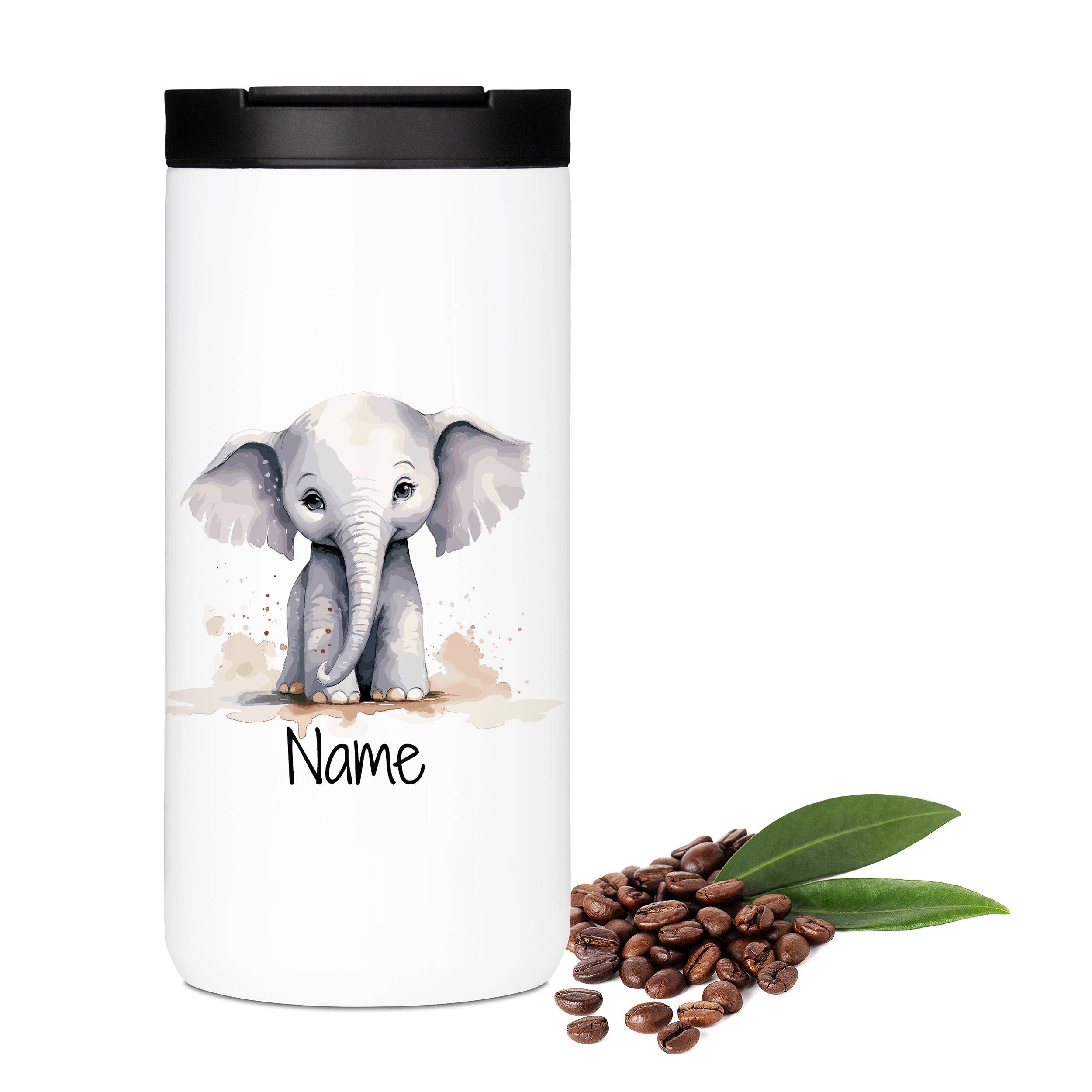 Weißer Kaffeebecher mit Elefant und personalisierbarem Namen.