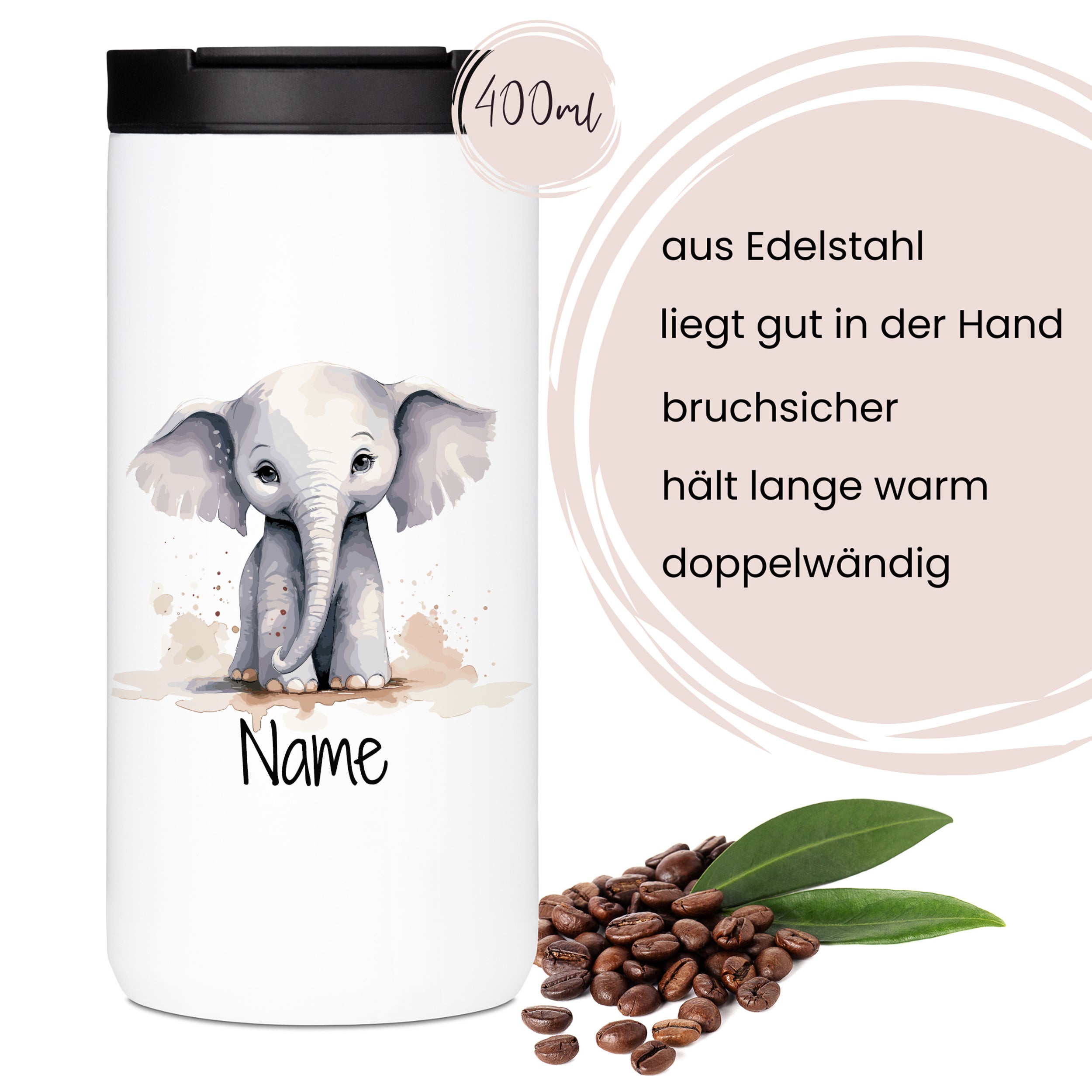 Edelstahlbecher mit Elefantenmotiv, 400ml, bruchsicher, doppelwandig.