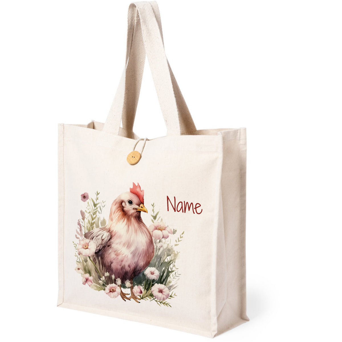 Beige Stofftasche mit Huhn-Motiv und personalisierbarem Namen.