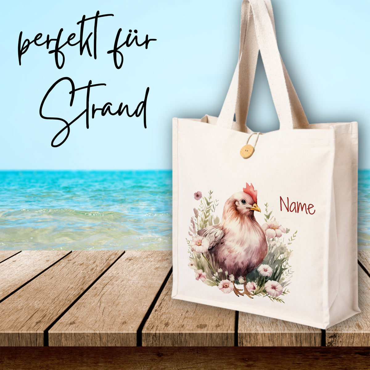 Beige Strandtasche mit Huhn-Motiv und personalisierbarem Namen.