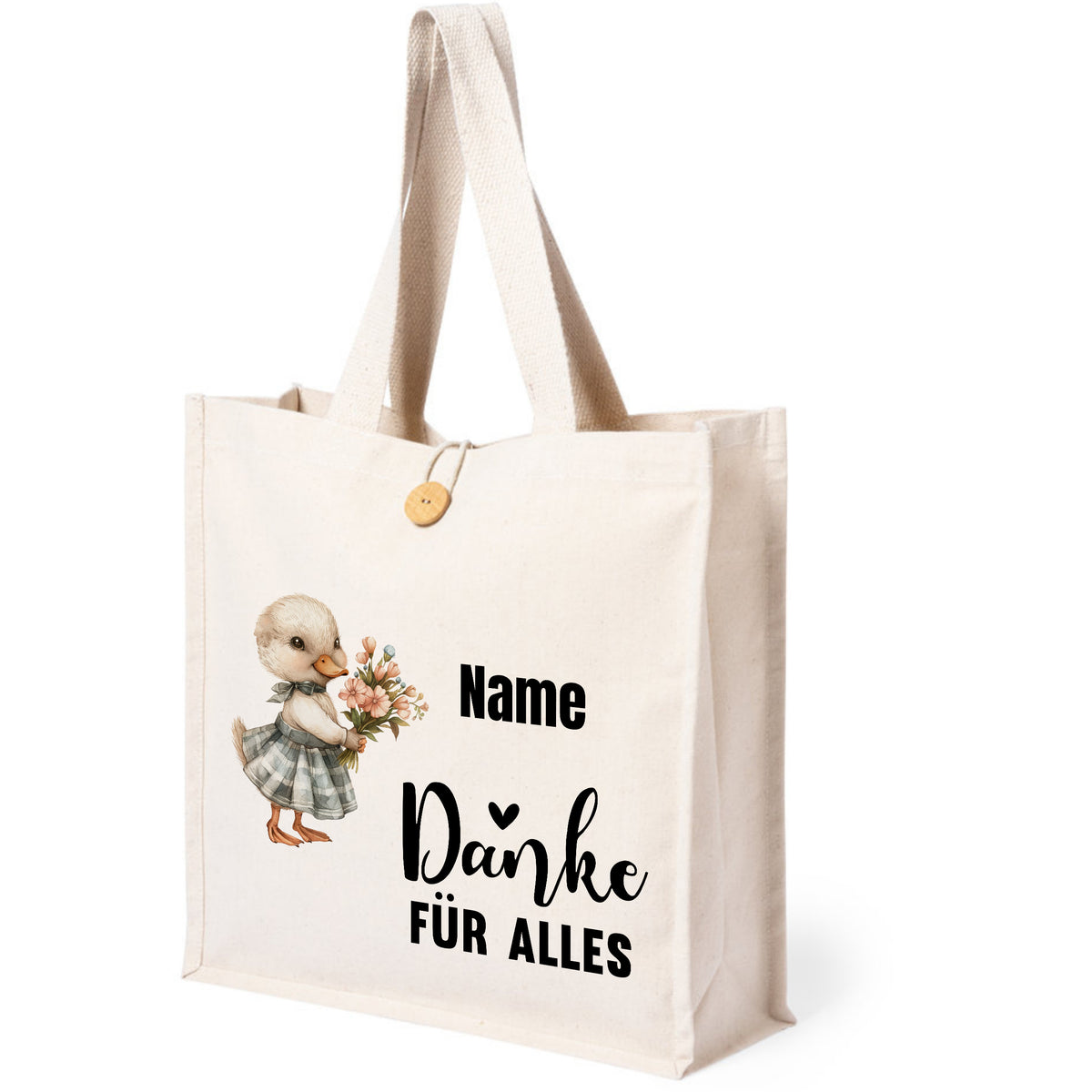 Beige Baumwolltasche mit Entenmotiv und Dankestext.