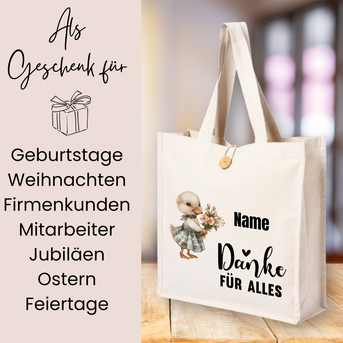 Beige Stofftasche mit Entenmotiv und "Danke für alles"-Aufdruck.