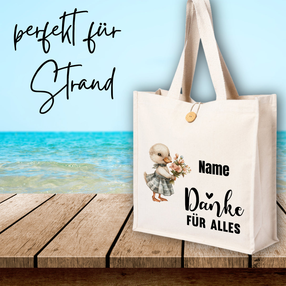 Beige Strandtasche mit Entenmotiv und Dankeschön-Aufdruck.