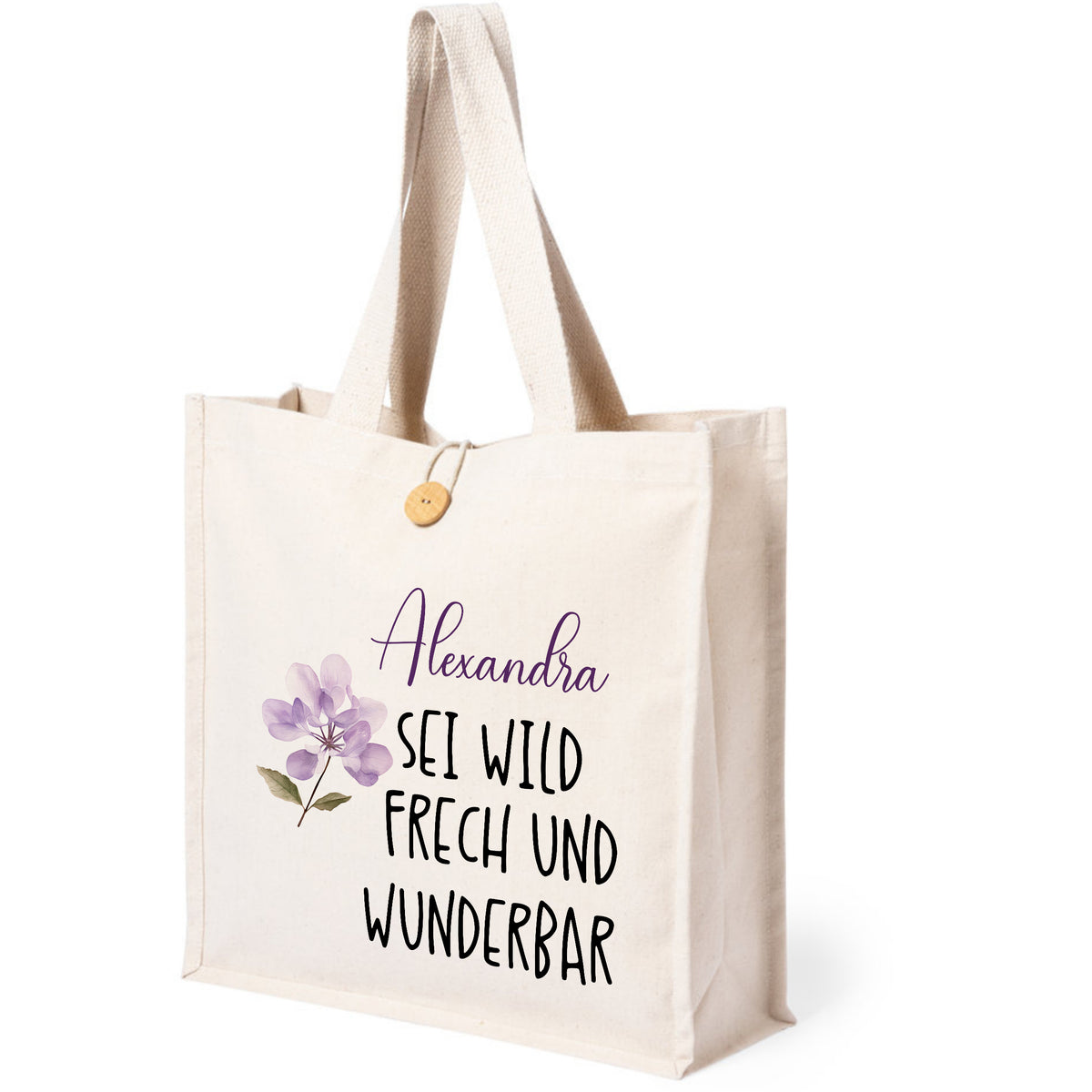 Beige Baumwolltasche mit Blumenmotiv und persönlichem Namen.