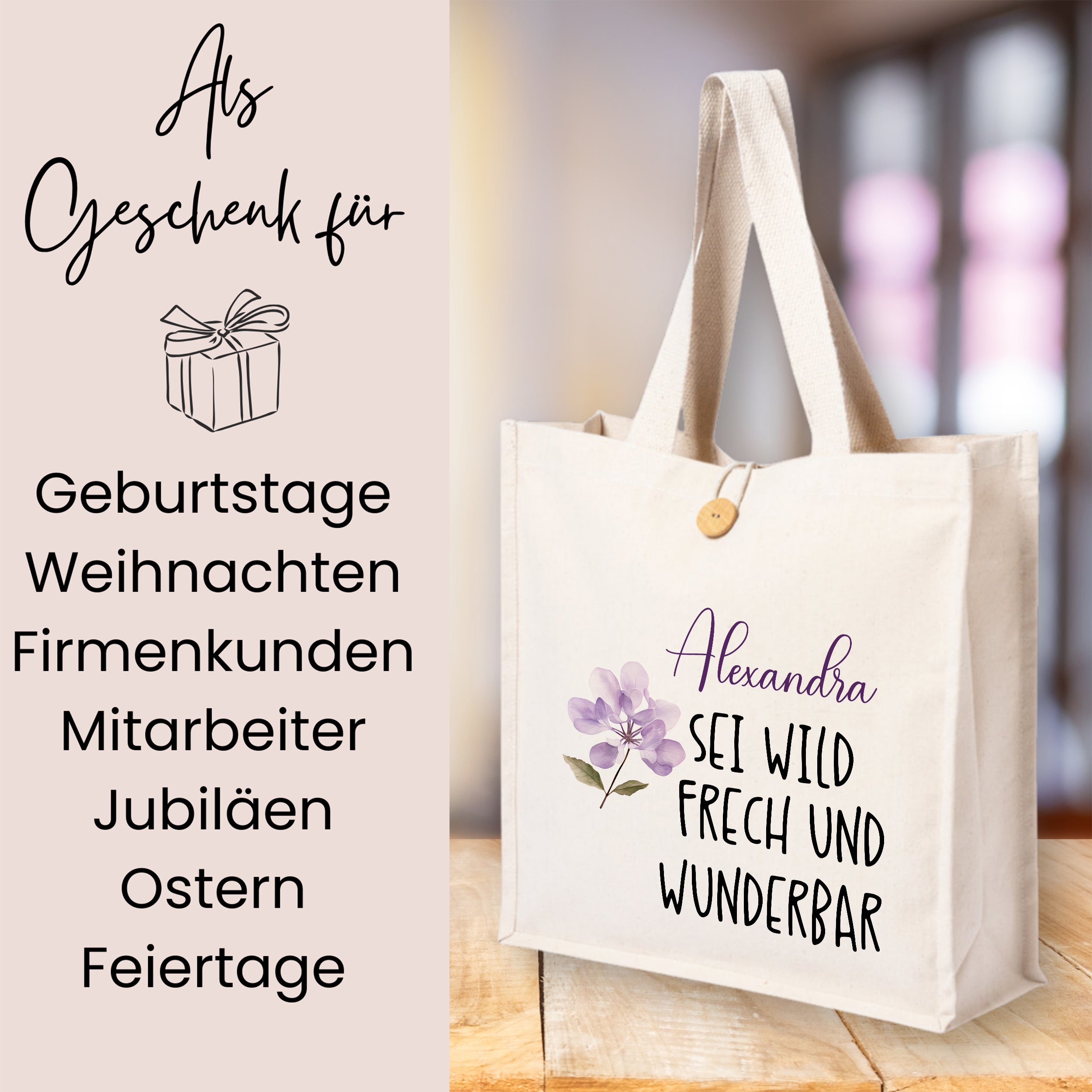Beige Stofftasche mit floralem Design und persönlichem Namen.