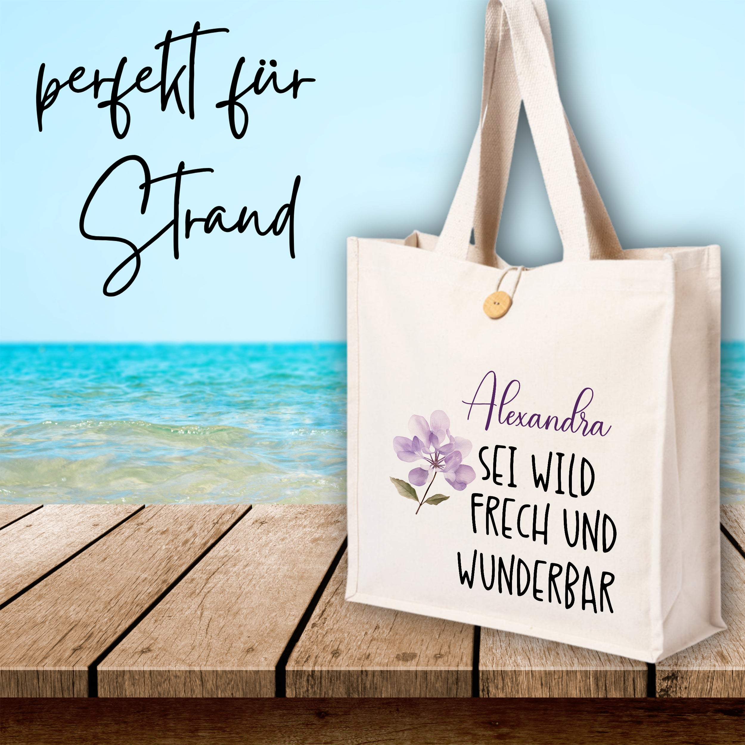 Beige Strandtasche mit floralem Design und Spruch.