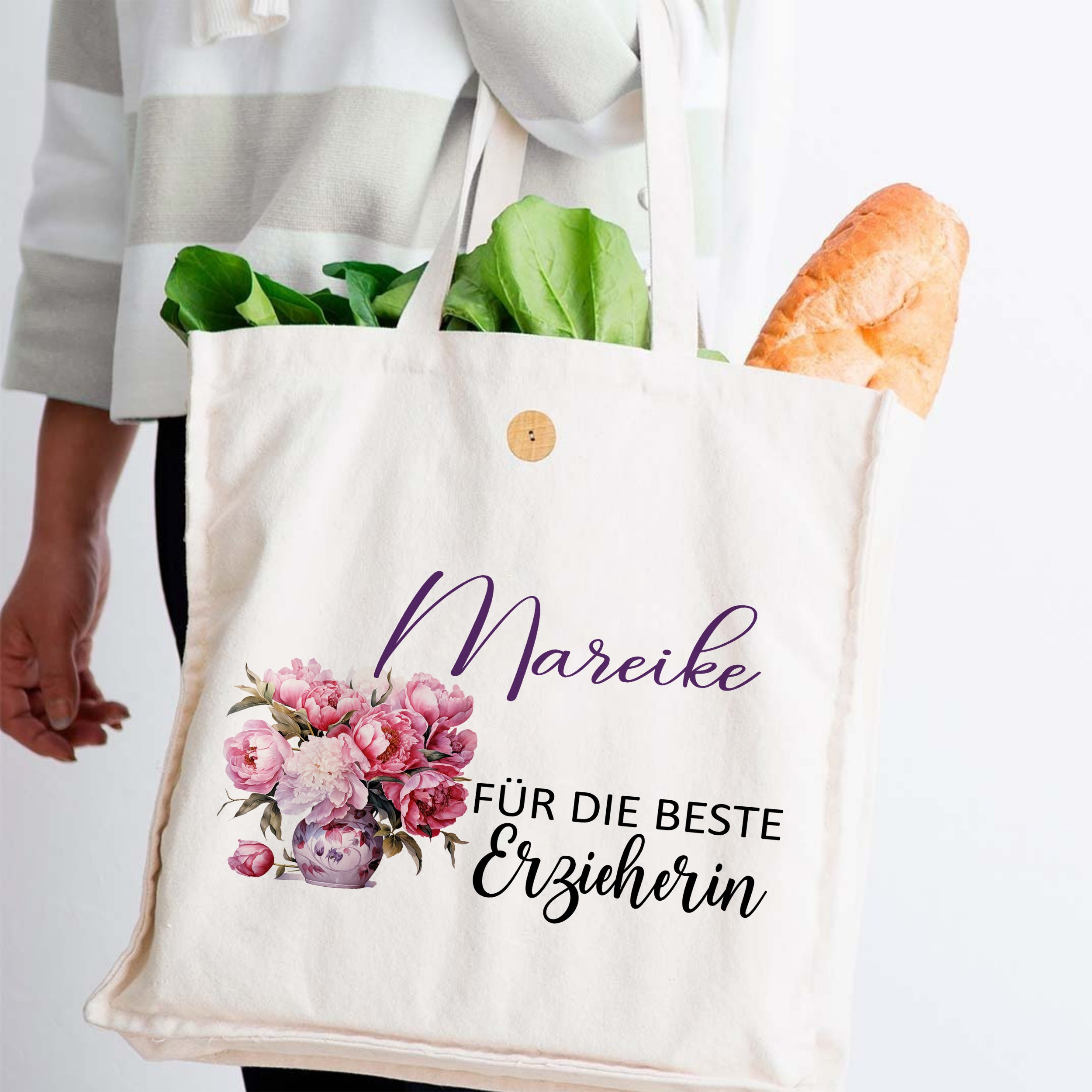 Beige Baumwolltasche mit Blumenmotiv und Schriftzug für Erzieherin.
