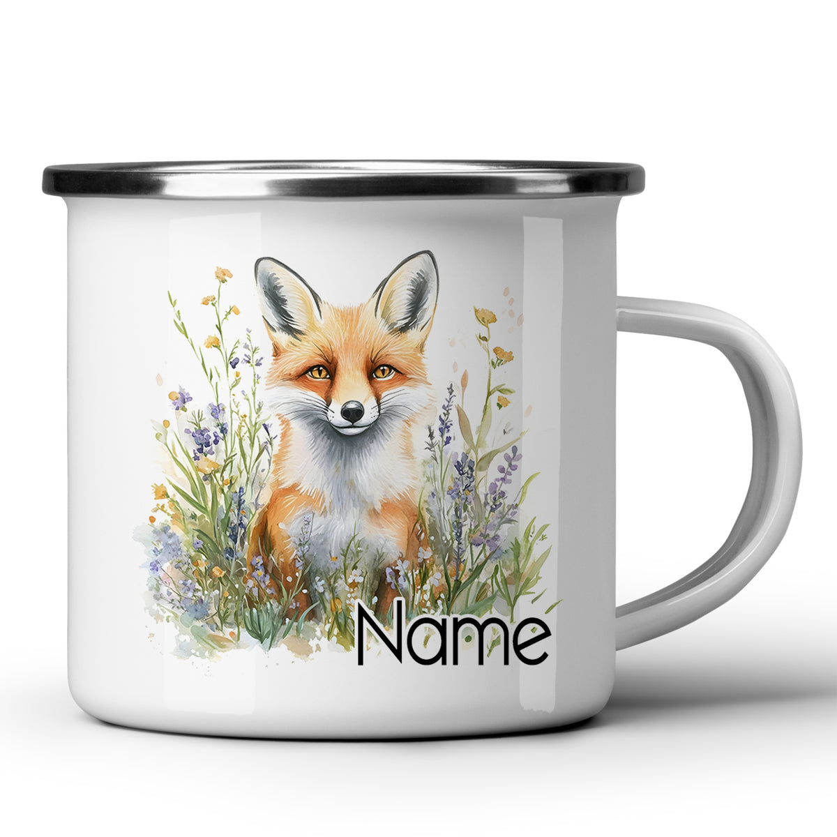 Weißer Emaillebecher mit Fuchs-Illustration und personalisiertem Namen.