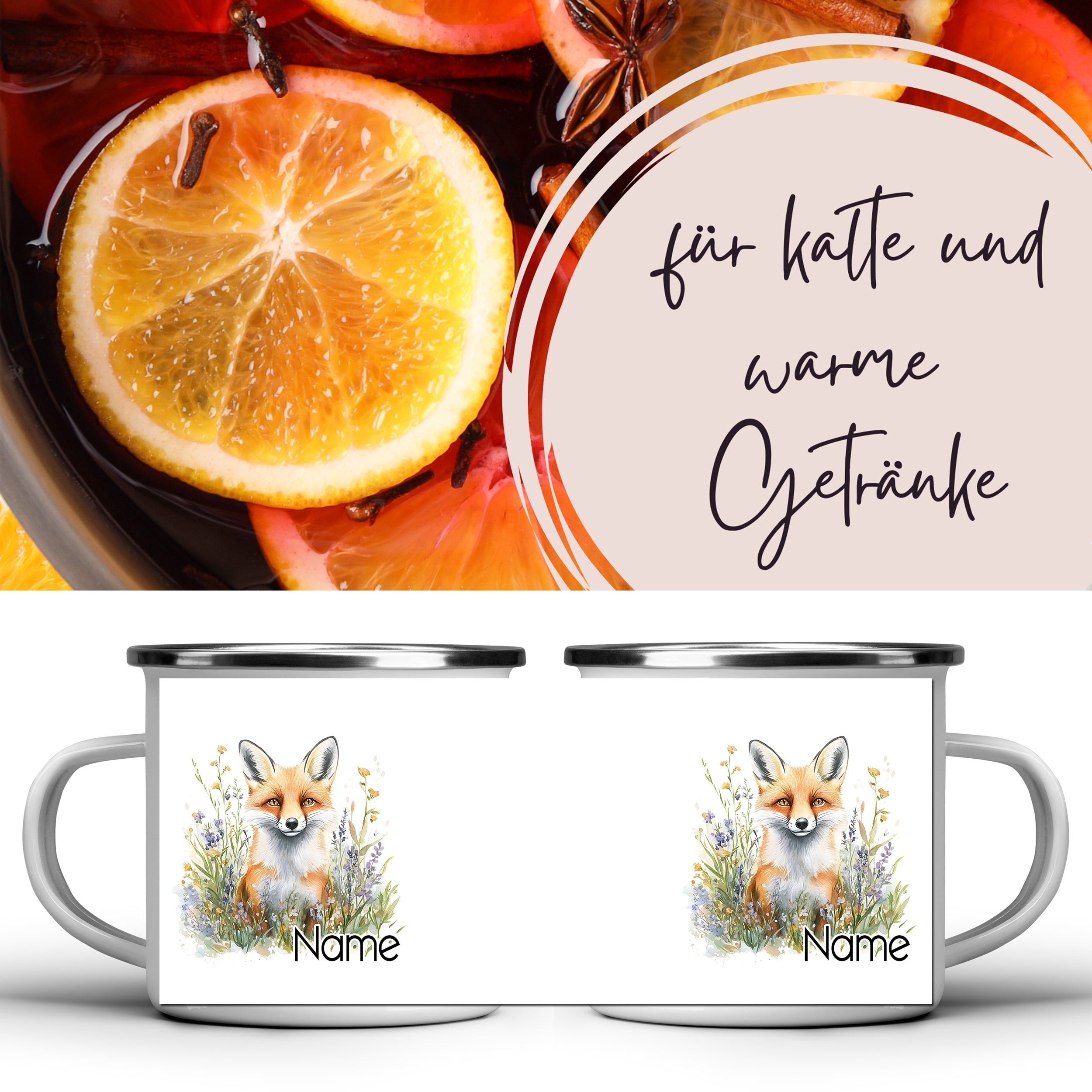 Emaille-Tasse mit Fuchs-Motiv und personalisierbarem Namen.
