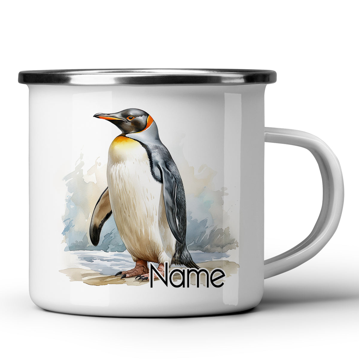 Emaille-Tasse mit Pinguin-Motiv und personalisierbarem Namen.