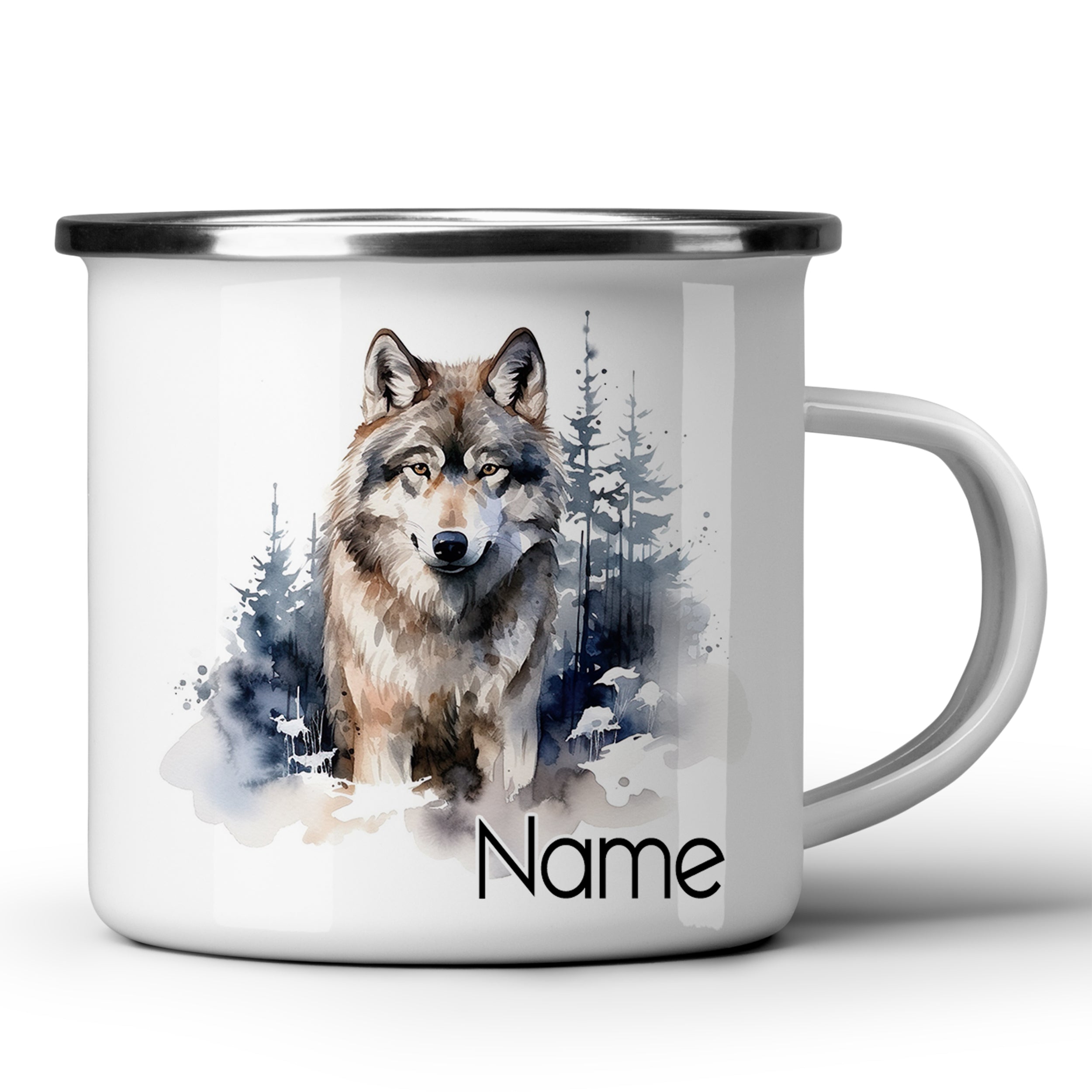 Weißer Emaillebecher mit Wolf-Motiv und personalisiertem Namen.