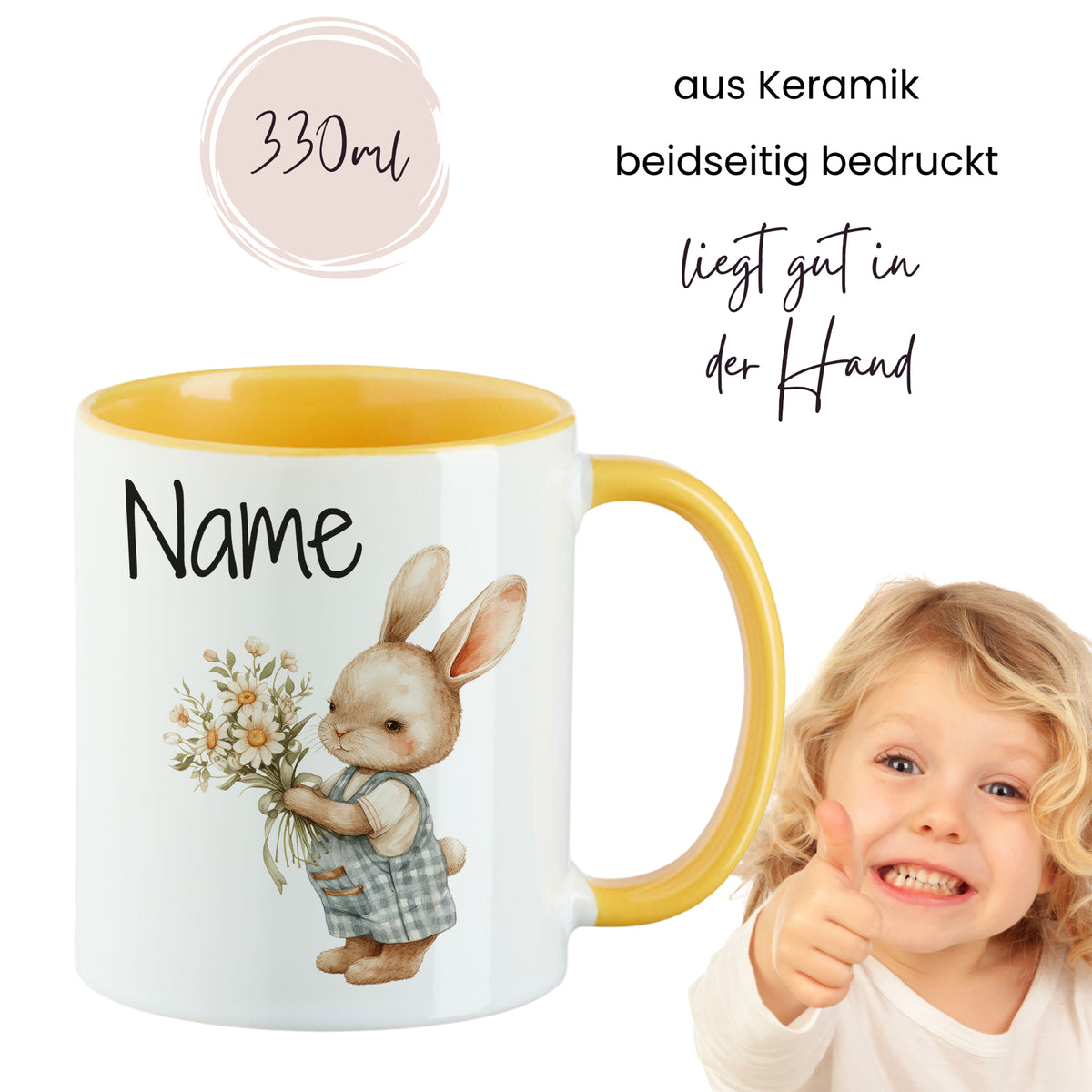 Keramiktasse mit gelbem Rand, Hase mit Blumen, 330ml