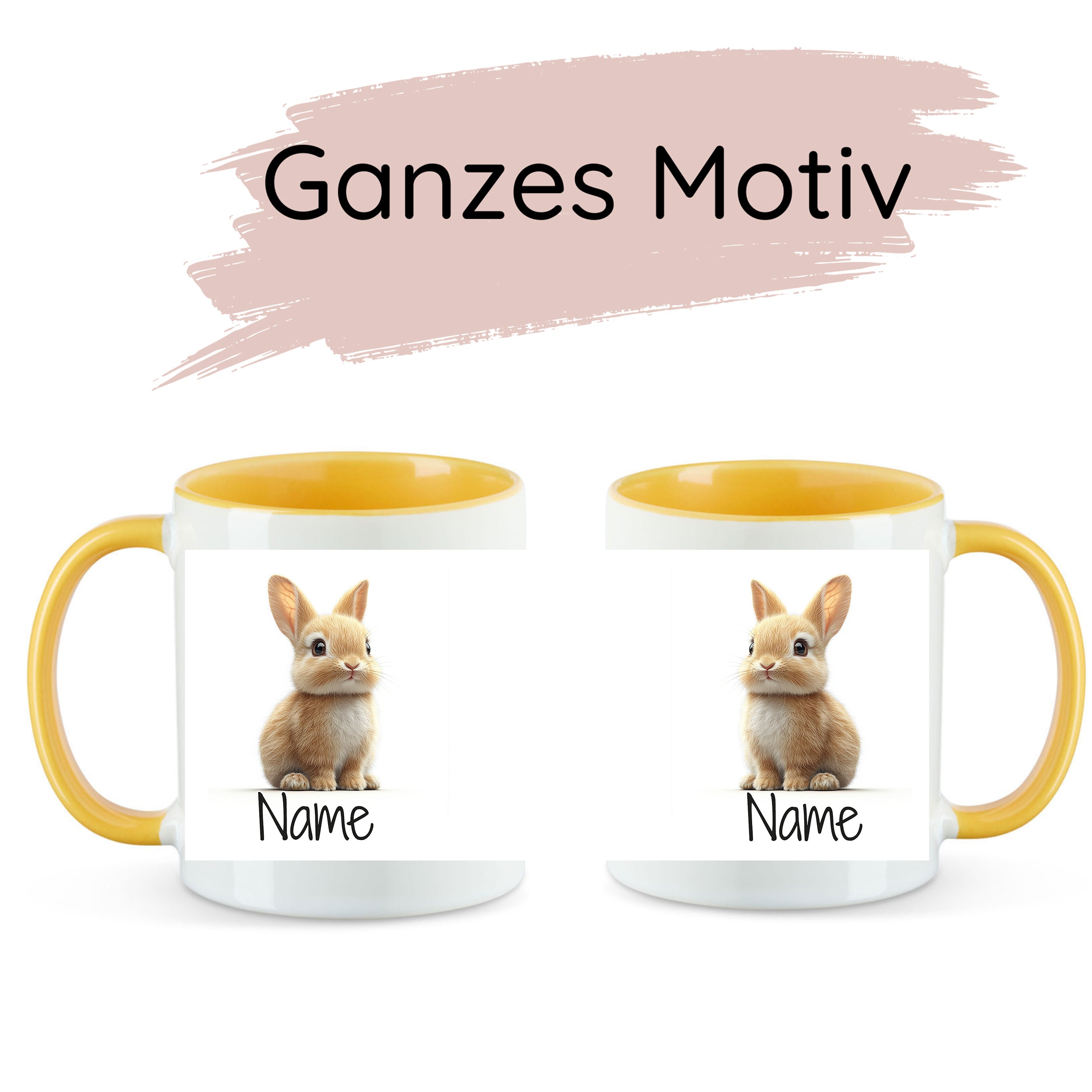 Tassen mit gelbem Henkel, Kaninchenmotiv und Platz für Namen.