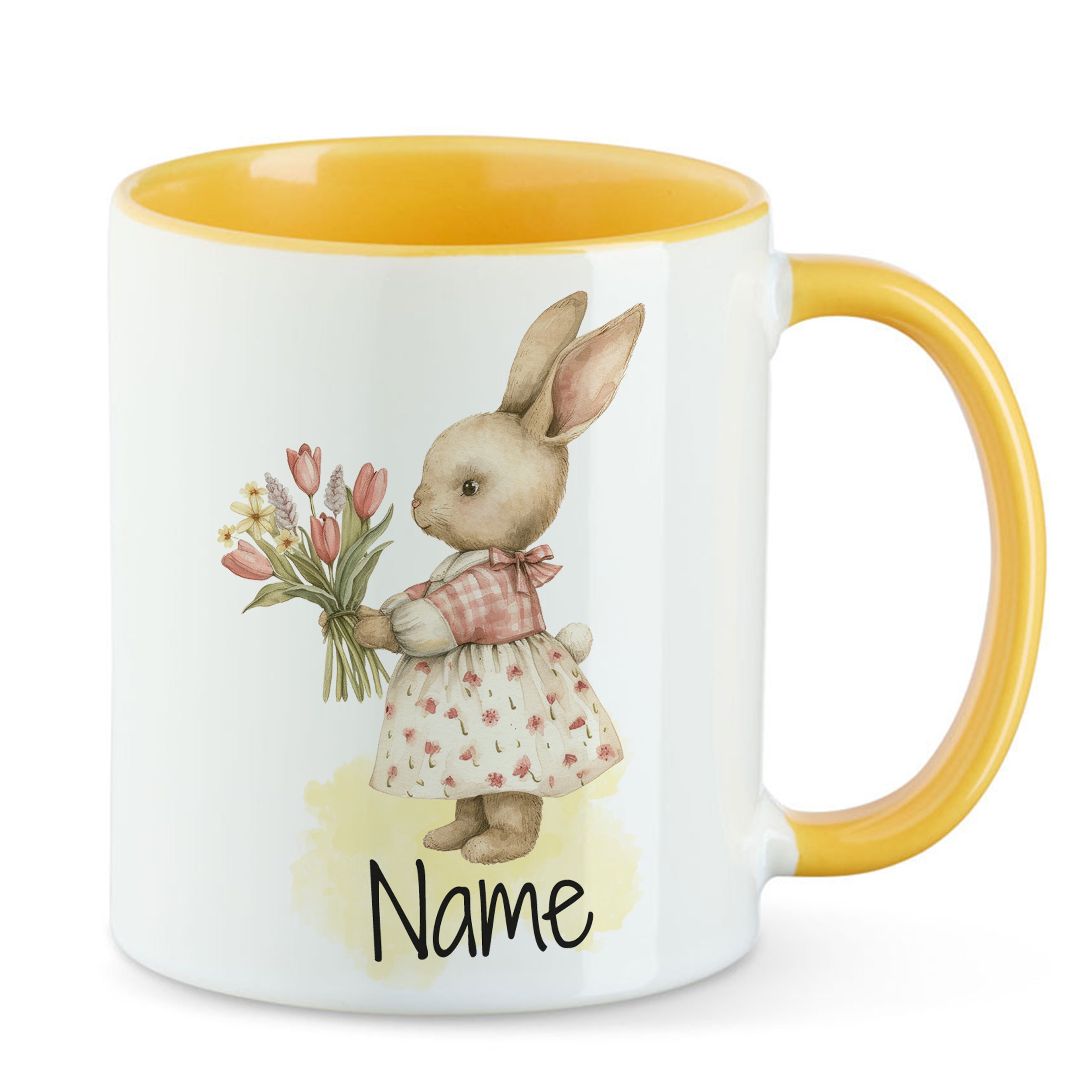 Tasse mit gelbem Henkel, Hase mit Blumen, personalisierbar.