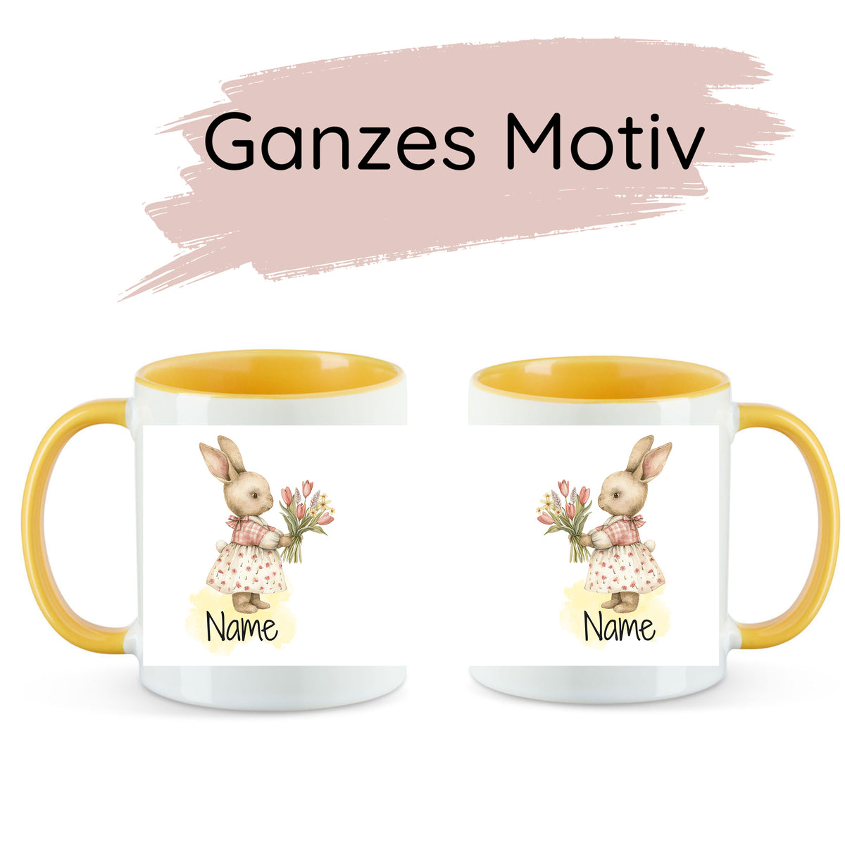 Tassen mit gelbem Henkel, Hase mit Blumen, personalisierbar.