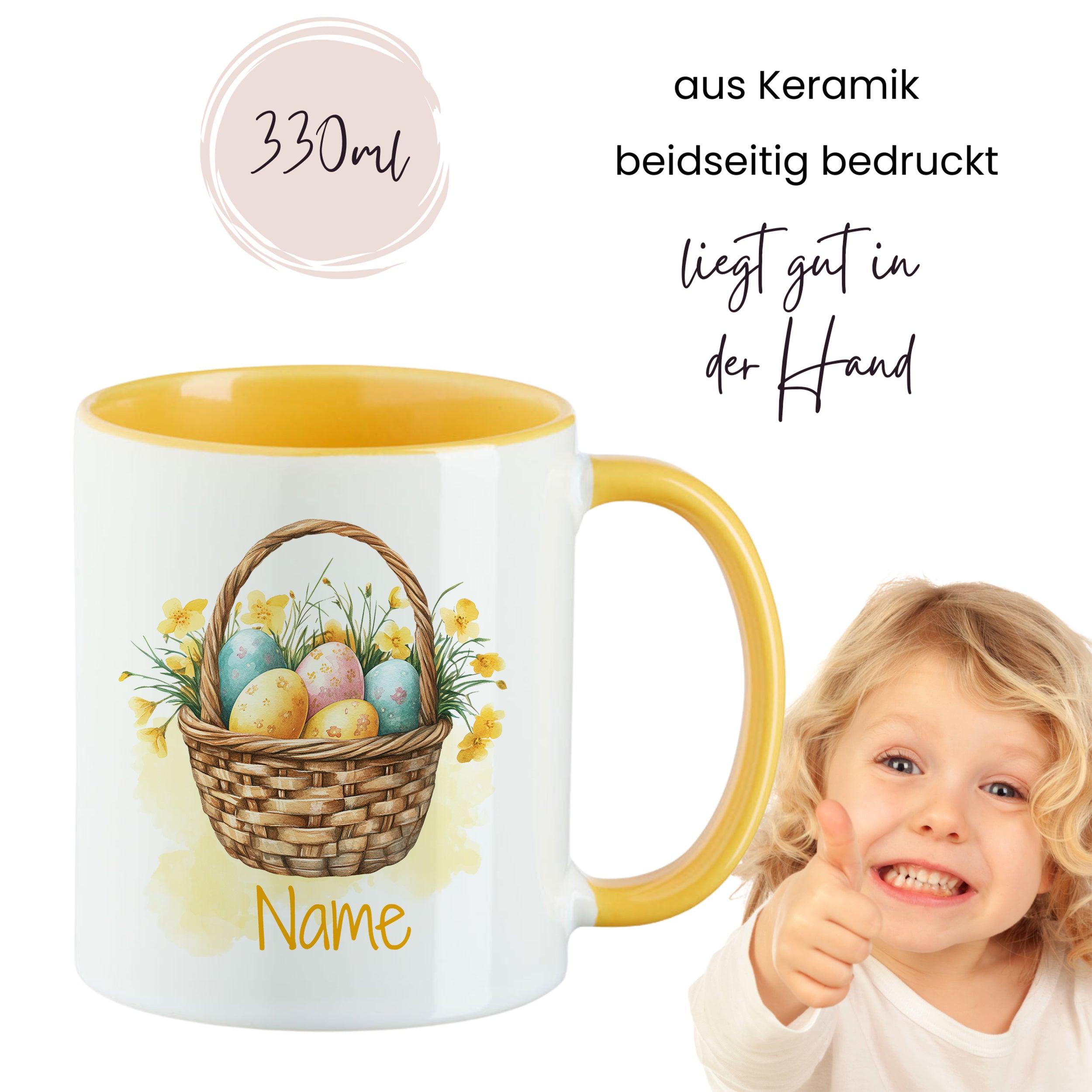 Keramiktasse mit buntem Osternest-Design, gelber Henkel.
