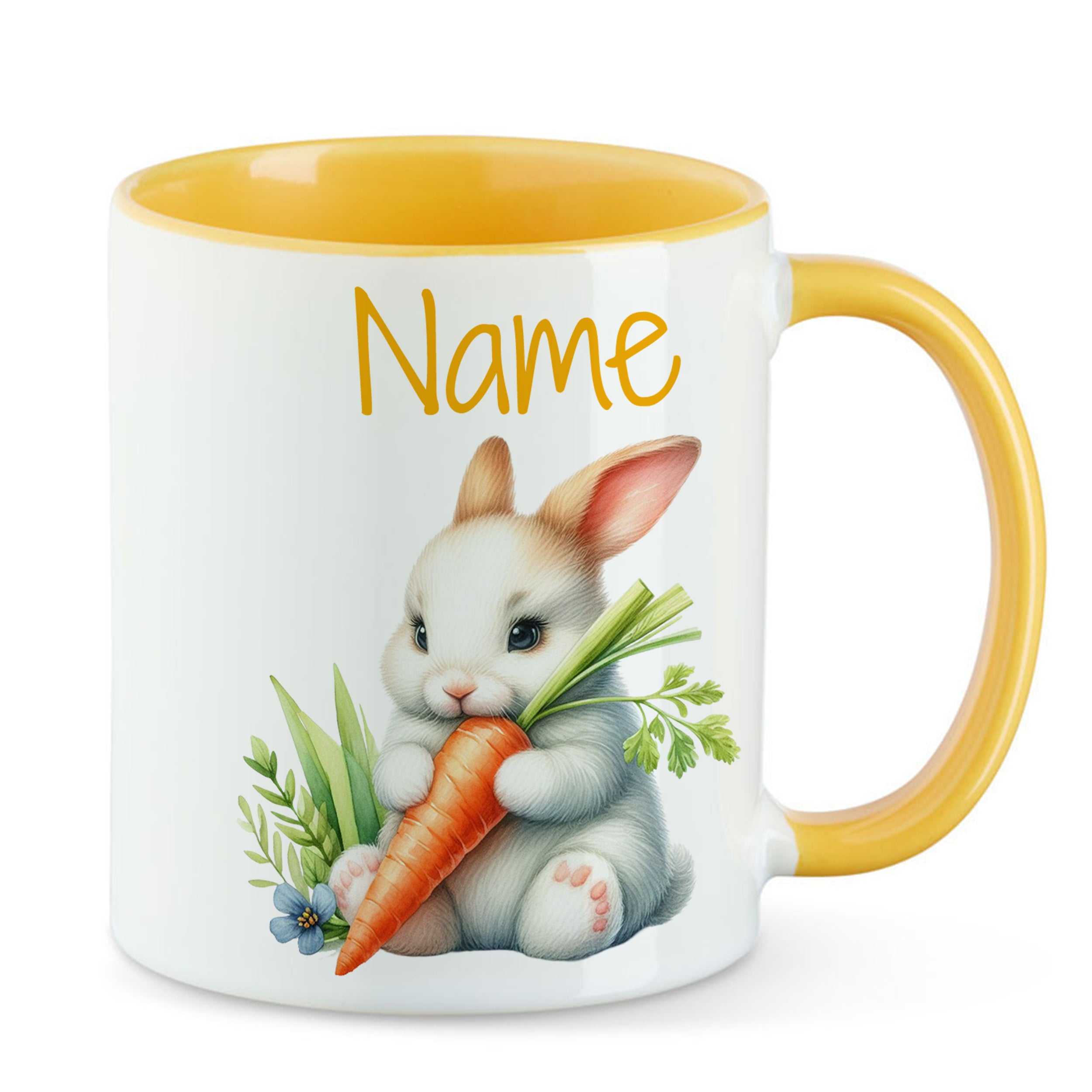 Tasse mit gelbem Rand, Hase und Karotte.