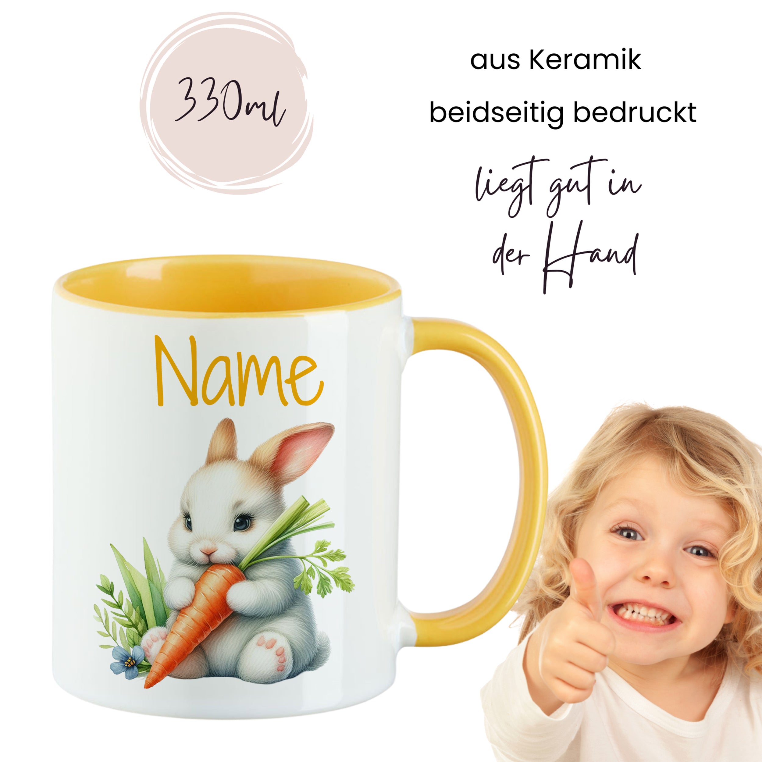 Keramiktasse mit gelbem Henkel, Hase und Karotte, 330ml.