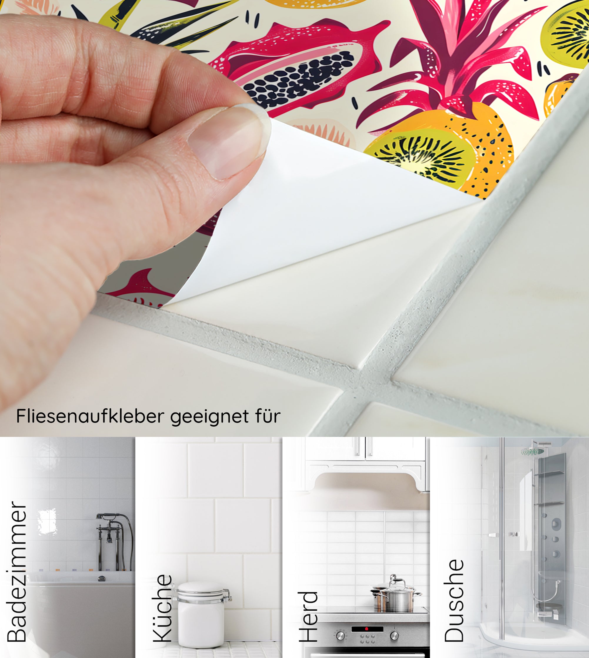 Fliesenaufkleber mit buntem Obst-Design für verschiedene Anwendungen.