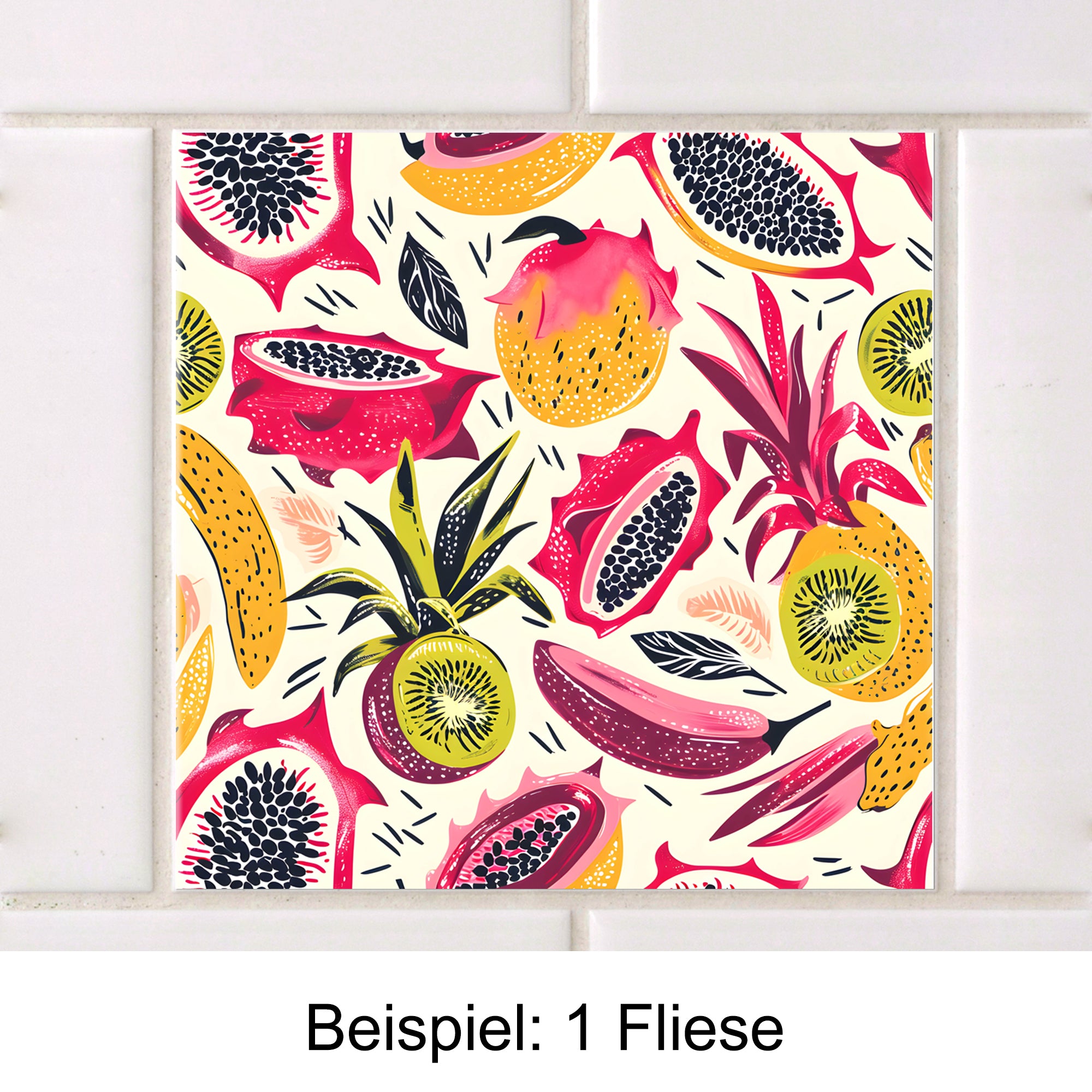 Bunte Fliese mit tropischen Früchten in Pink und Gelb.