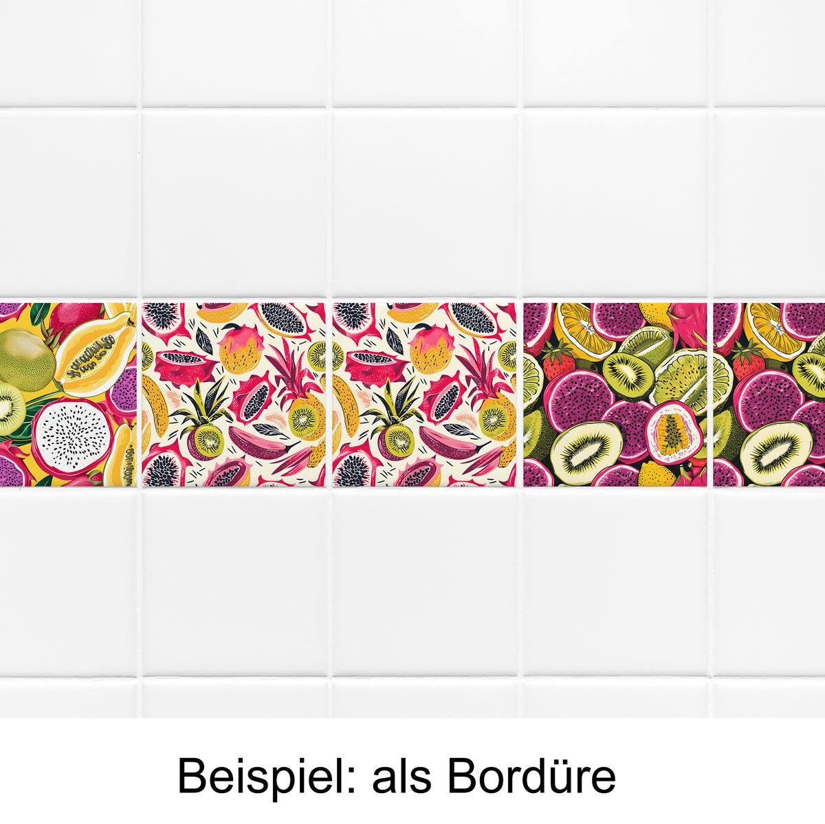 Bunte Fliesenbordüre mit Obstmotiven in Pink und Grün.