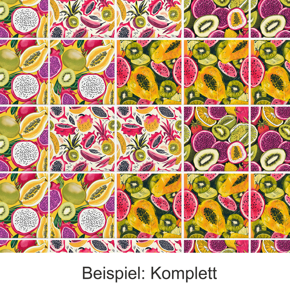 Bunte Früchte-Muster mit Kiwi, Drachenfrucht und Papaya.