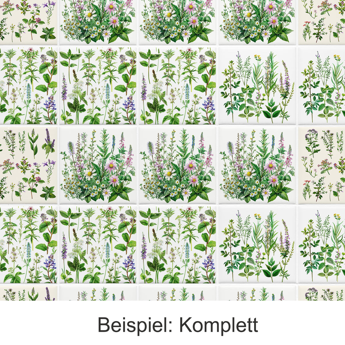 Bunte Blumenmuster auf weißen Fliesen, vielfältige Pflanzen.