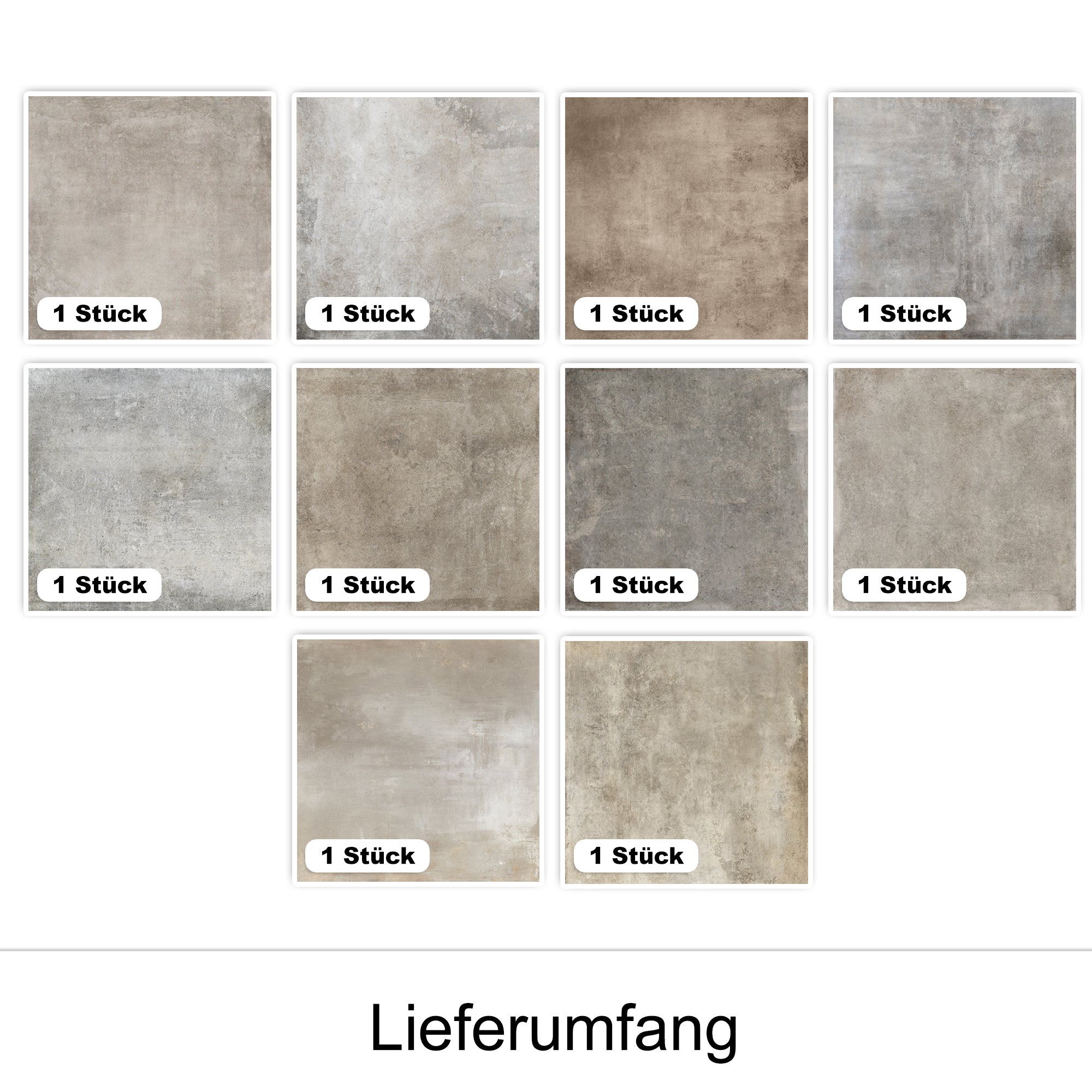 Dekorative Fliesenmuster in verschiedenen Grautönen, 10 Stück.