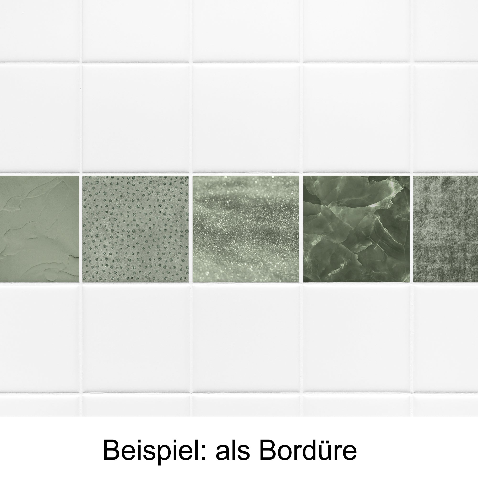 Grüne Fliesenmuster als Bordüre, verschiedene Texturen.