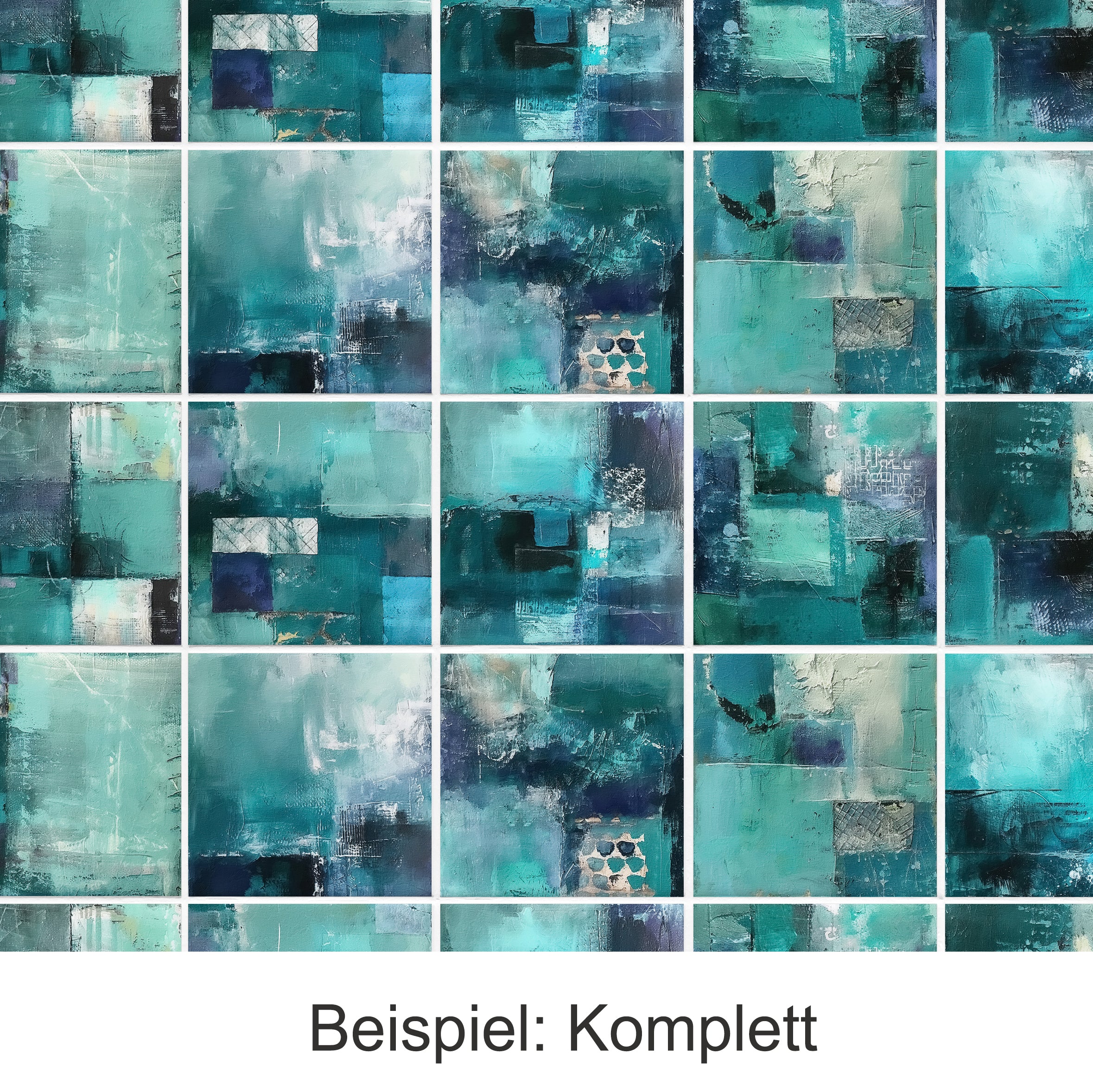 Abstrakte Kunst in Blau- und Grüntönen, geometrische Formen.