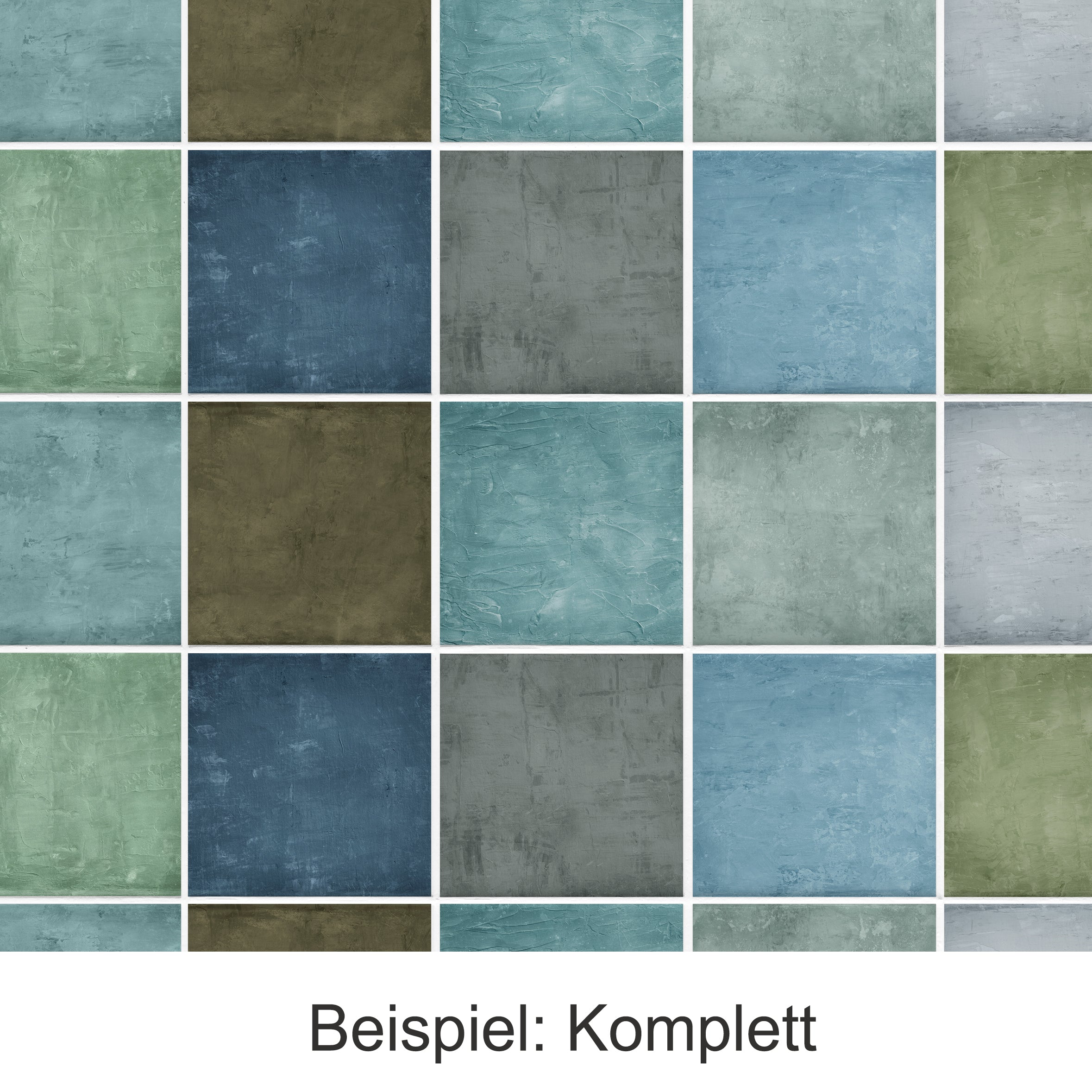 Farbenfrohe, strukturierte Fliesen in Blau, Grün und Grau.