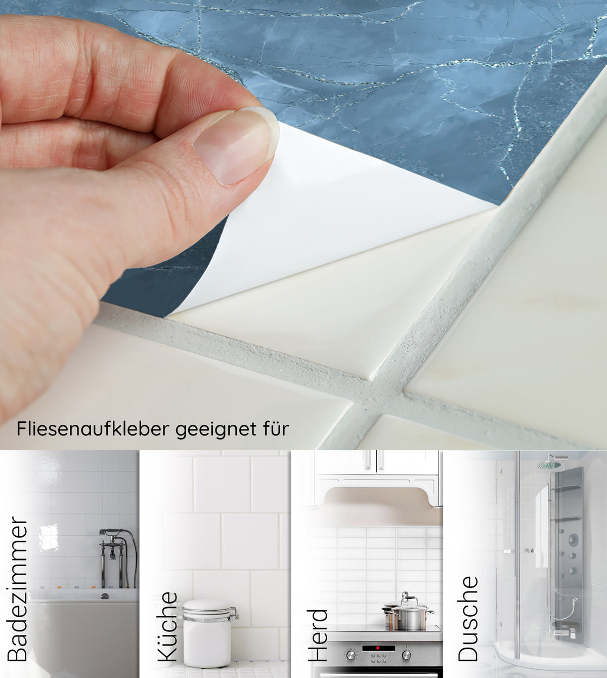 Blauer Fliesenaufkleber für Badezimmer, Küche und Dusche.