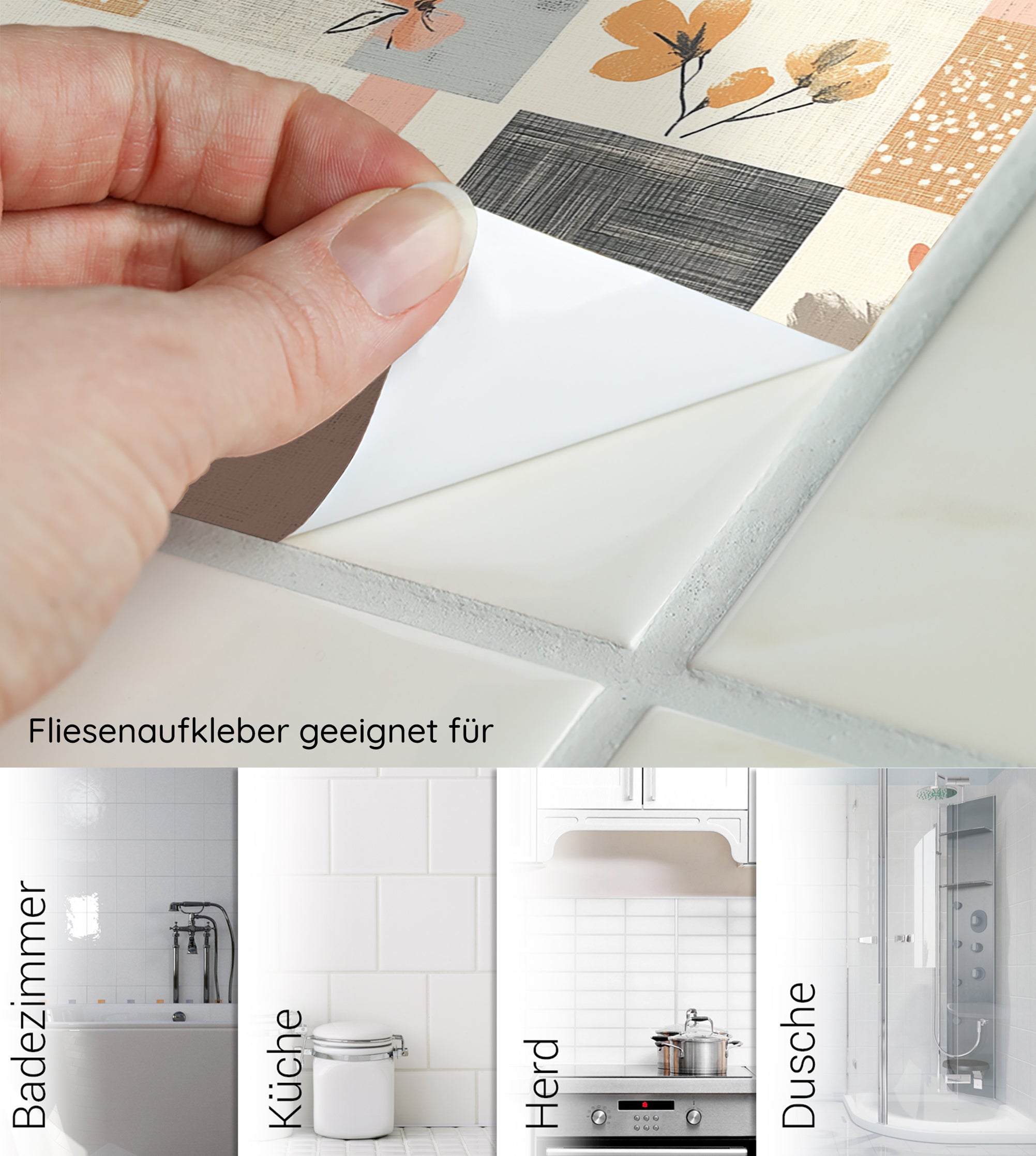 Fliesenaufkleber in Pastellfarben mit Blumenmuster.