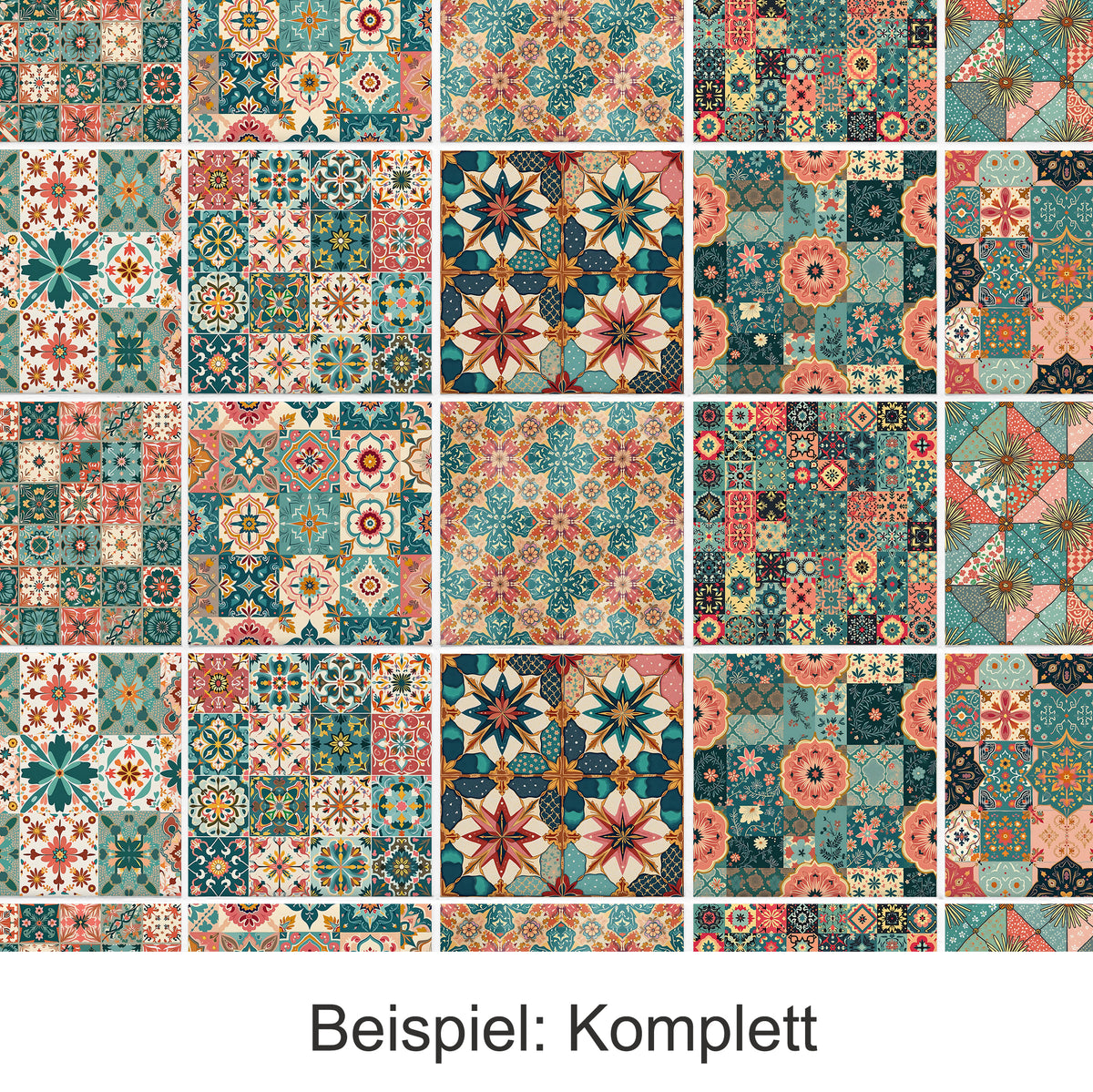 Bunte, geometrische Muster in Blau, Rot und Beige.