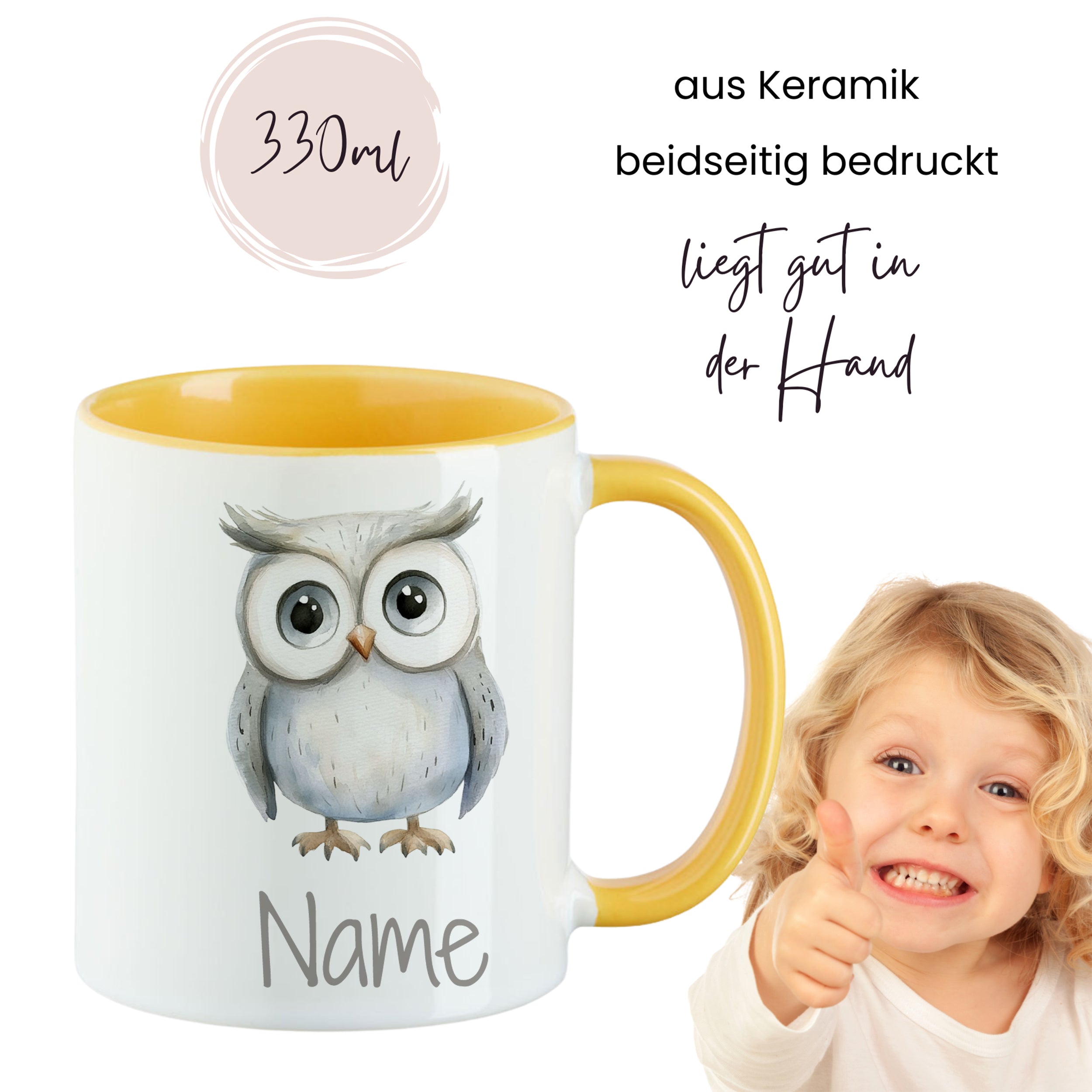 Keramiktasse mit Eule, gelber Henkel, 330ml, personalisierbar.