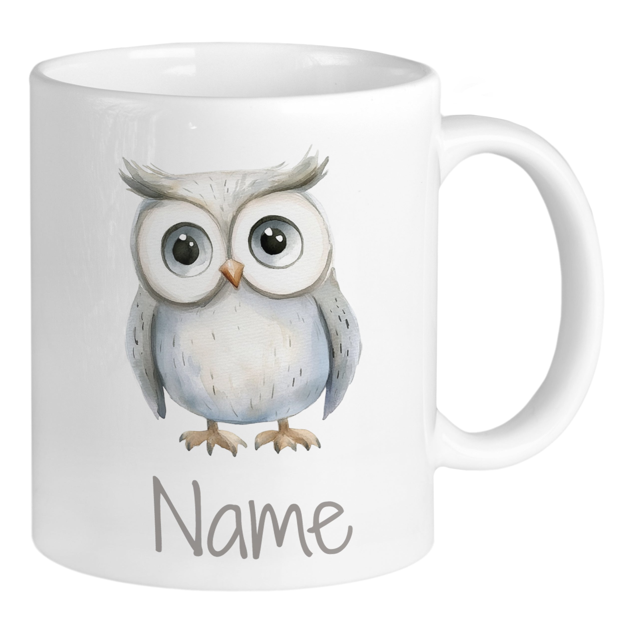 Kaffeetasse mit einer grauen Eule und Platz für Namen.