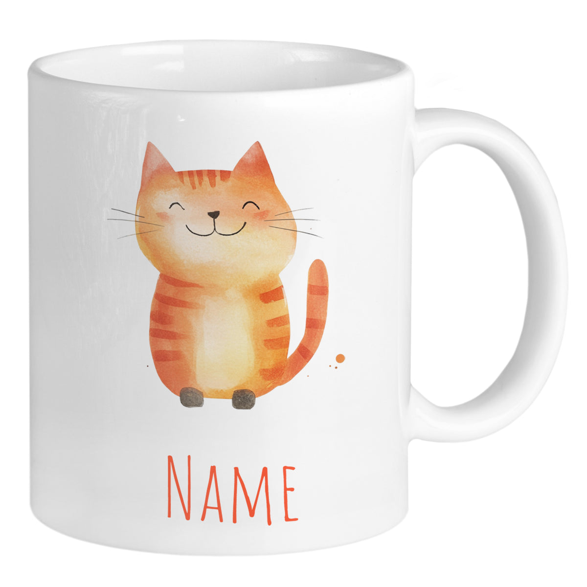 Tasse mit niedlicher orangefarbener Katze und Platz für Namen.