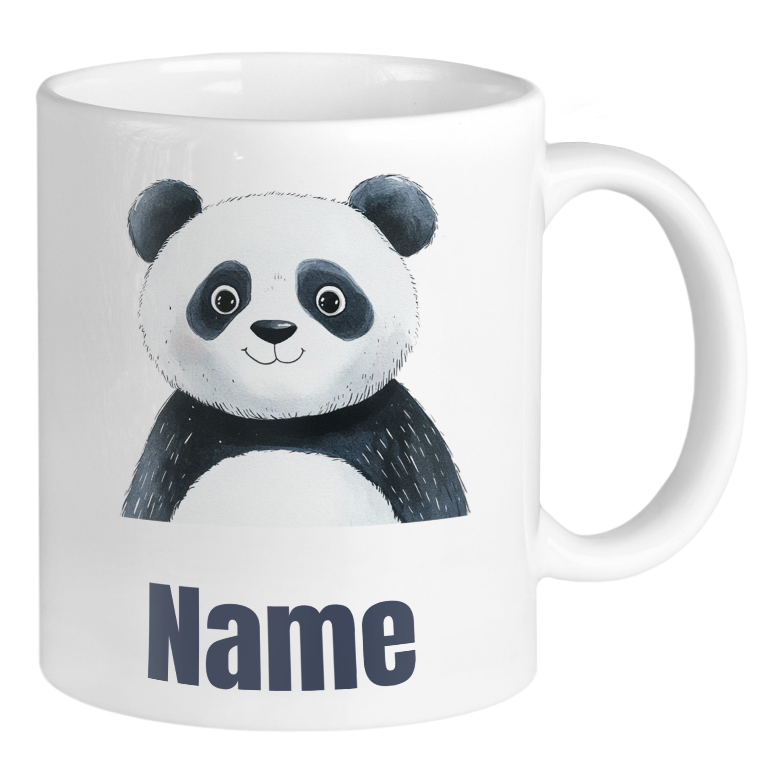 Weißer Becher mit Panda-Motiv und Platz für Namen.