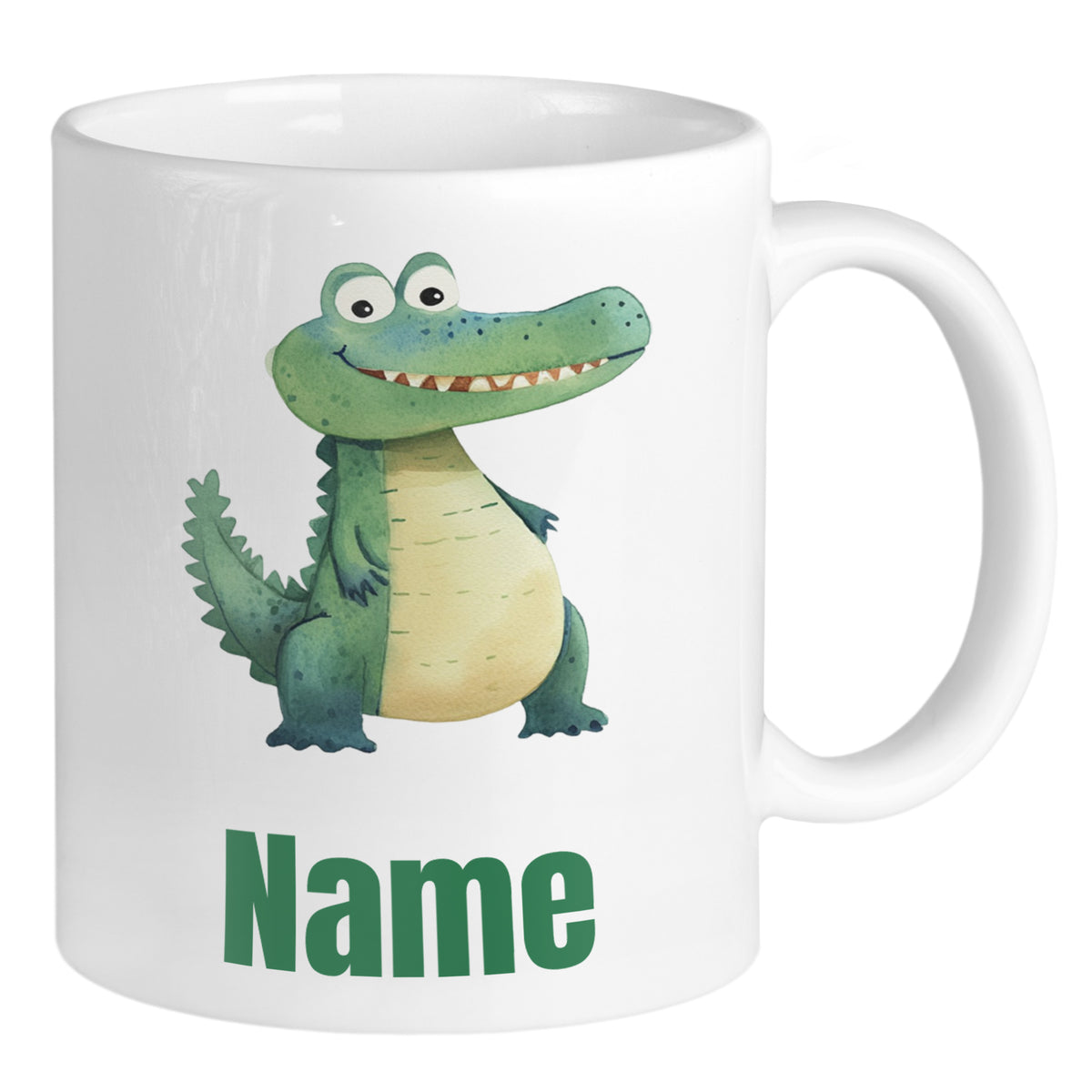 Tasse mit grünem Krokodil und personalisiertem Namen.