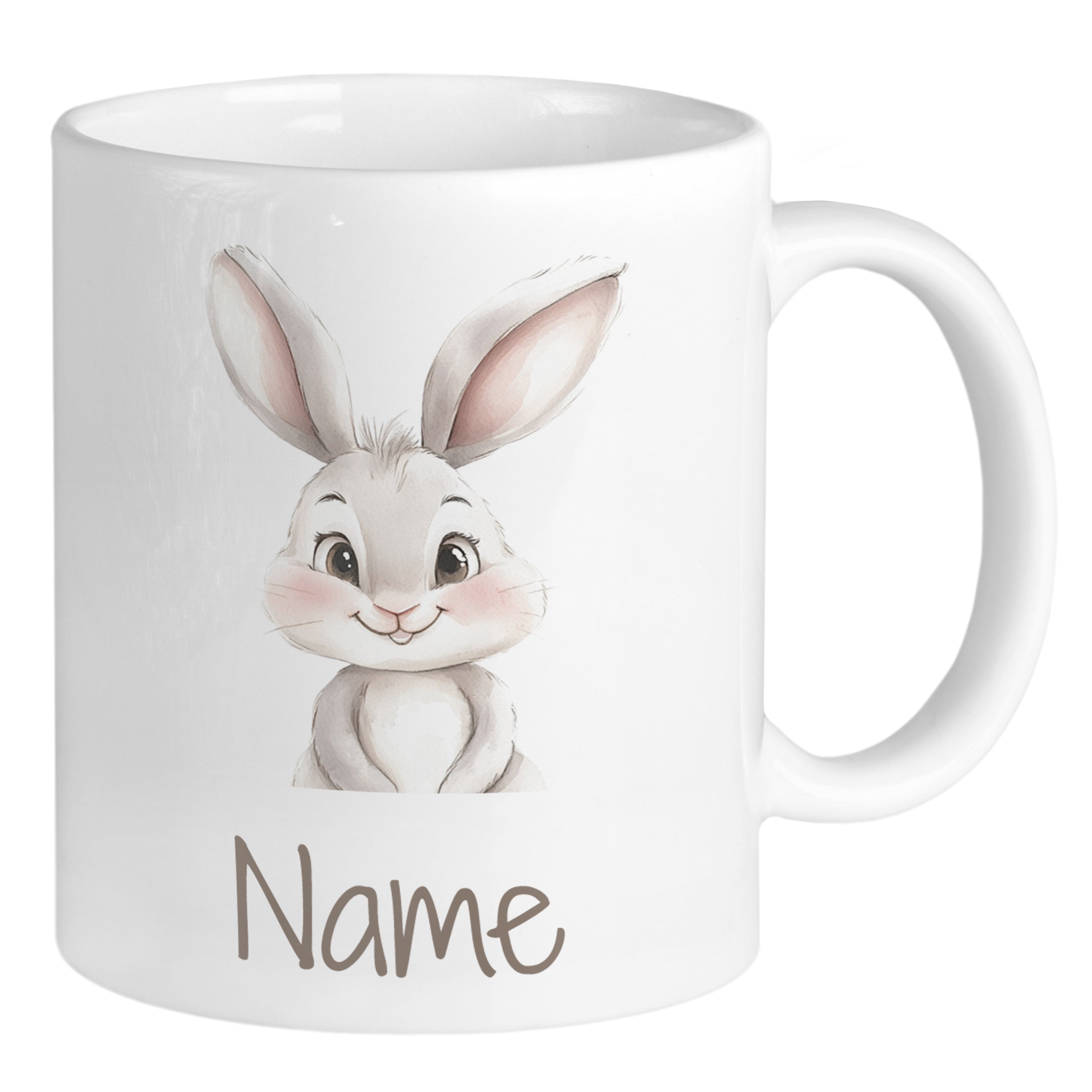 Weißer Becher mit niedlichem Hasenmotiv und Platz für Namen.