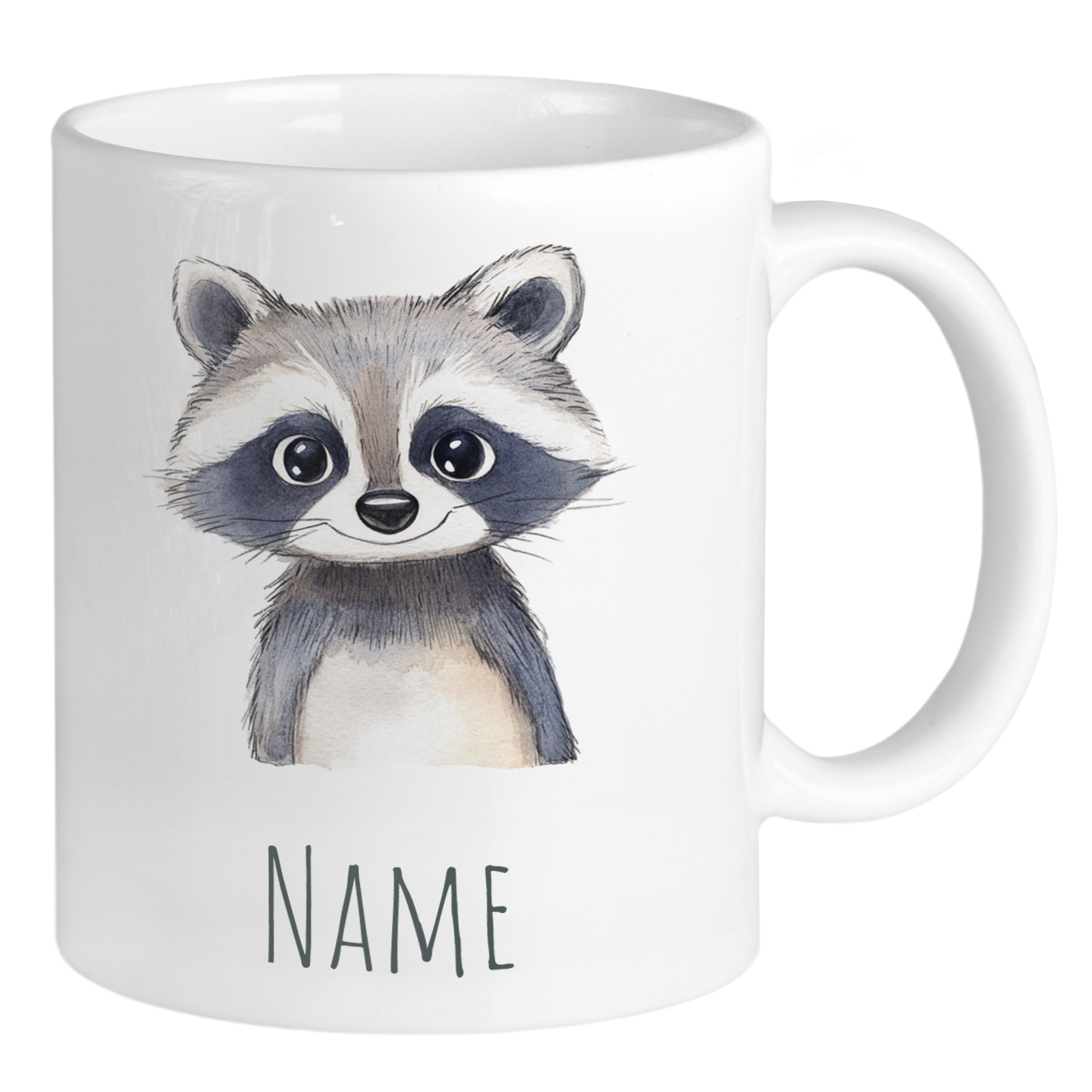 Tasse mit niedlichem Waschbären-Motiv und Platz für Namen.