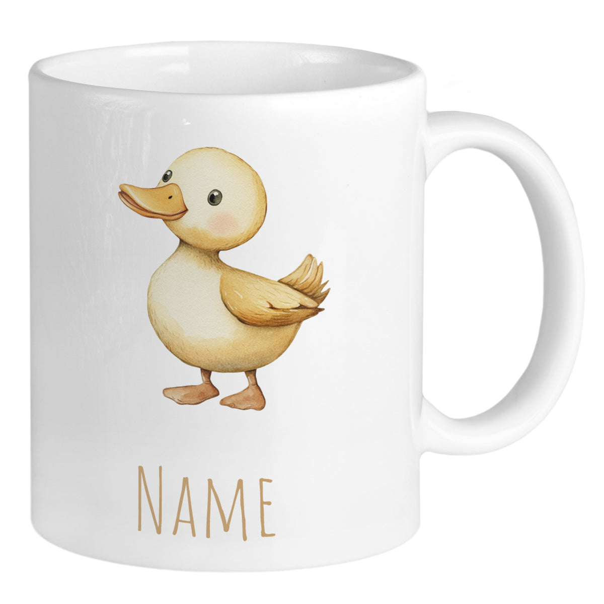 Tasse mit gelbem Entchen und personalisiertem Namen.