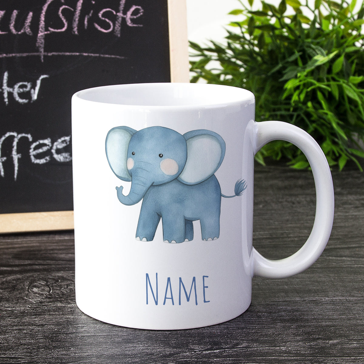 Tasse mit blauem Elefanten und Platz für Namen