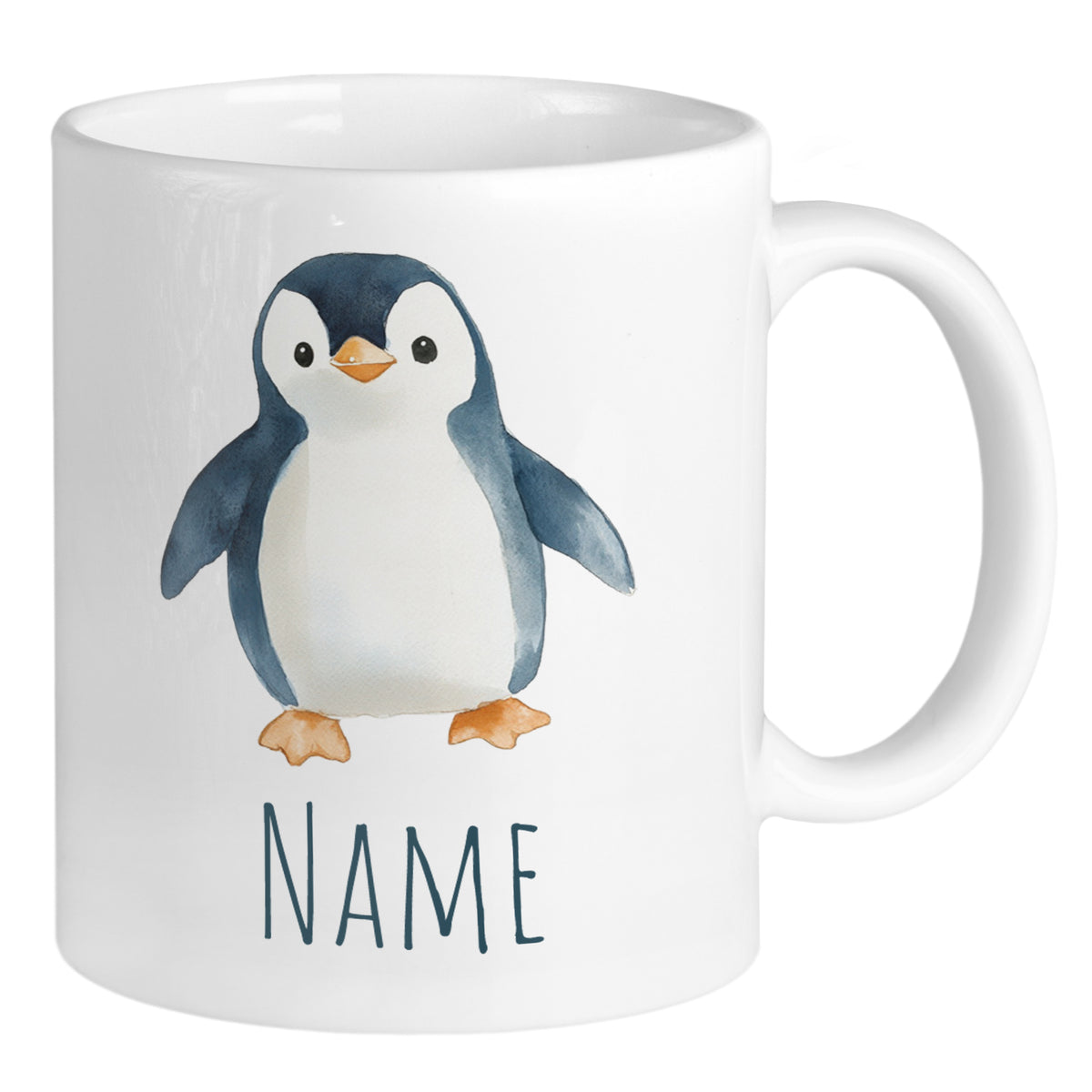 Weißer Becher mit penguin-Motiv und Platz für Namen.