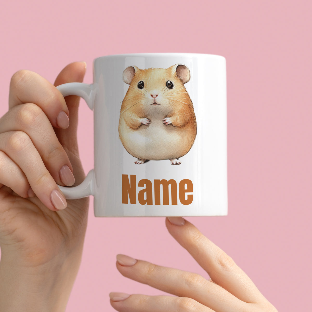 Tasse mit Hamster-Illustration und personalisiertem Namen.