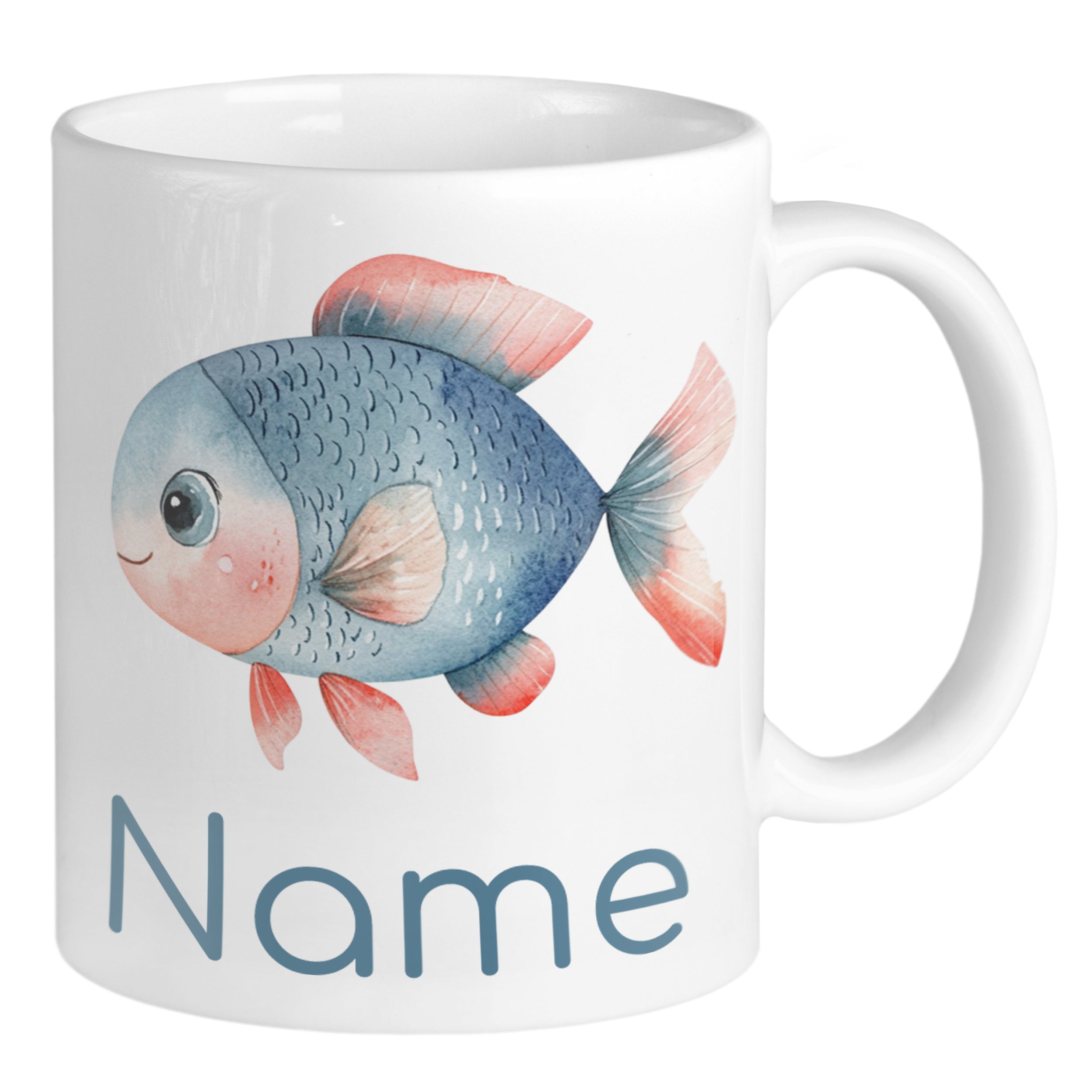 Tasse mit blauem Fisch und personalisiertem Namen.